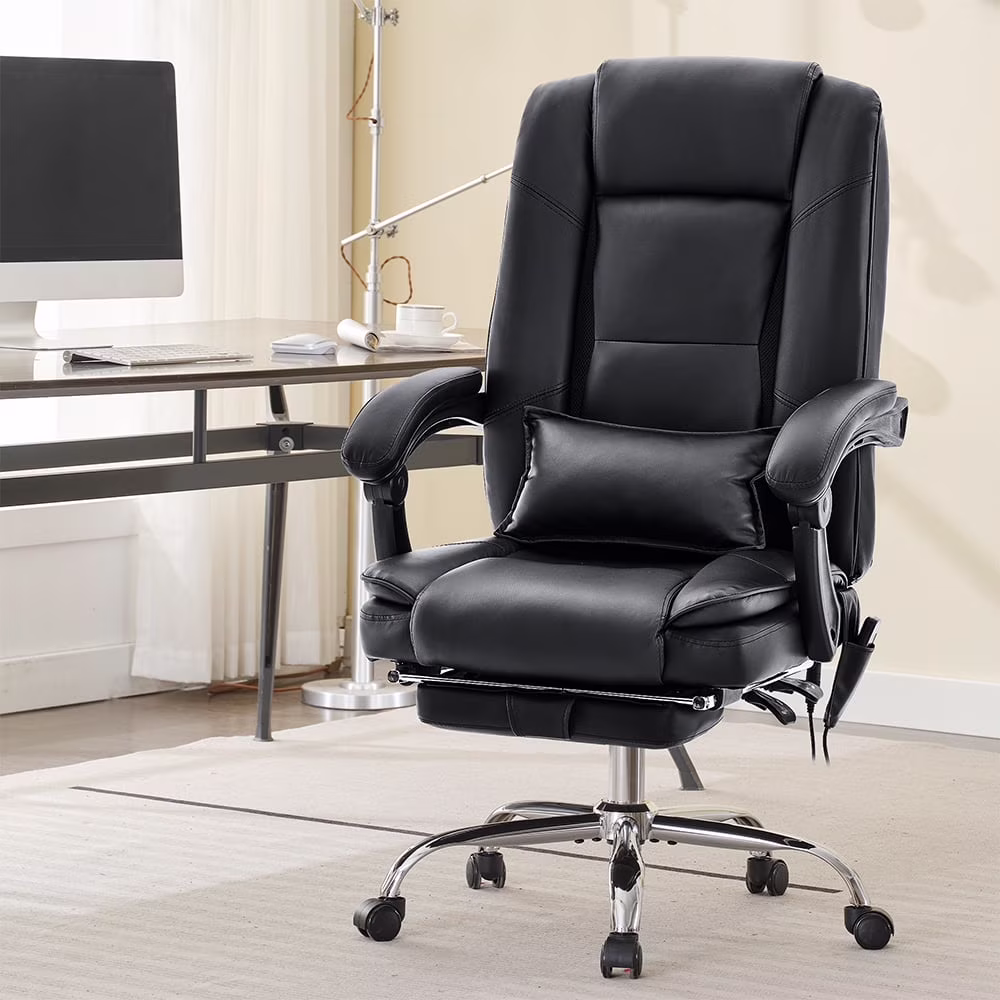 JONPONY Big and Tall Office Chair 500LBS Executive Office Chair Massage and Footrest Ergonomic Computer Desk Chair Reclining High Back Leather Office Chair Lumbar Back Support Swivel Rolling,Black