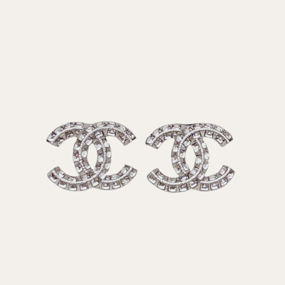Chanel Cc Crystal Stud Earrings Metal Silver