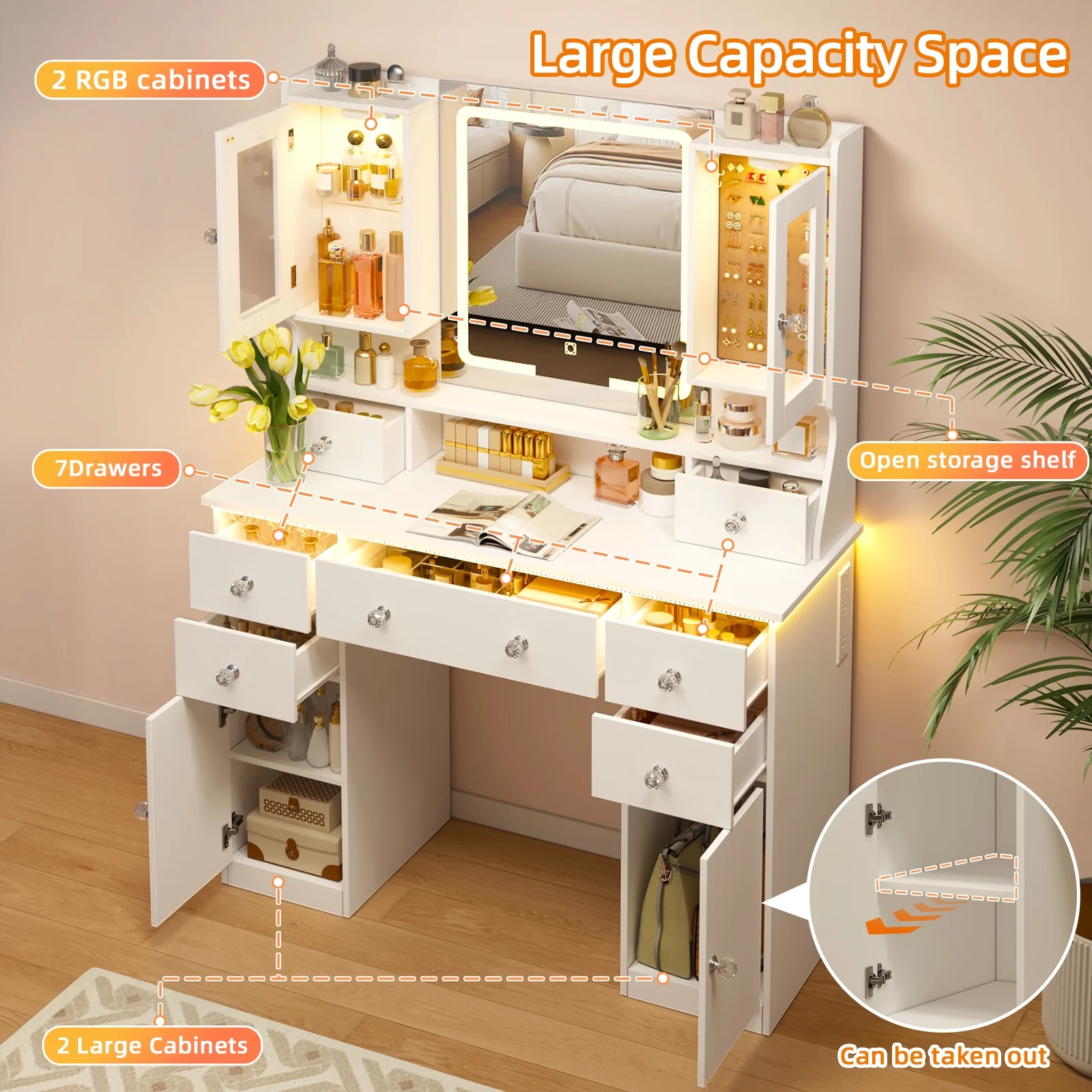 Tomnk woo White Makeup Vanity Desk with Large Mirror, Adjustable Lights, Storage Drawers & Power Outlets