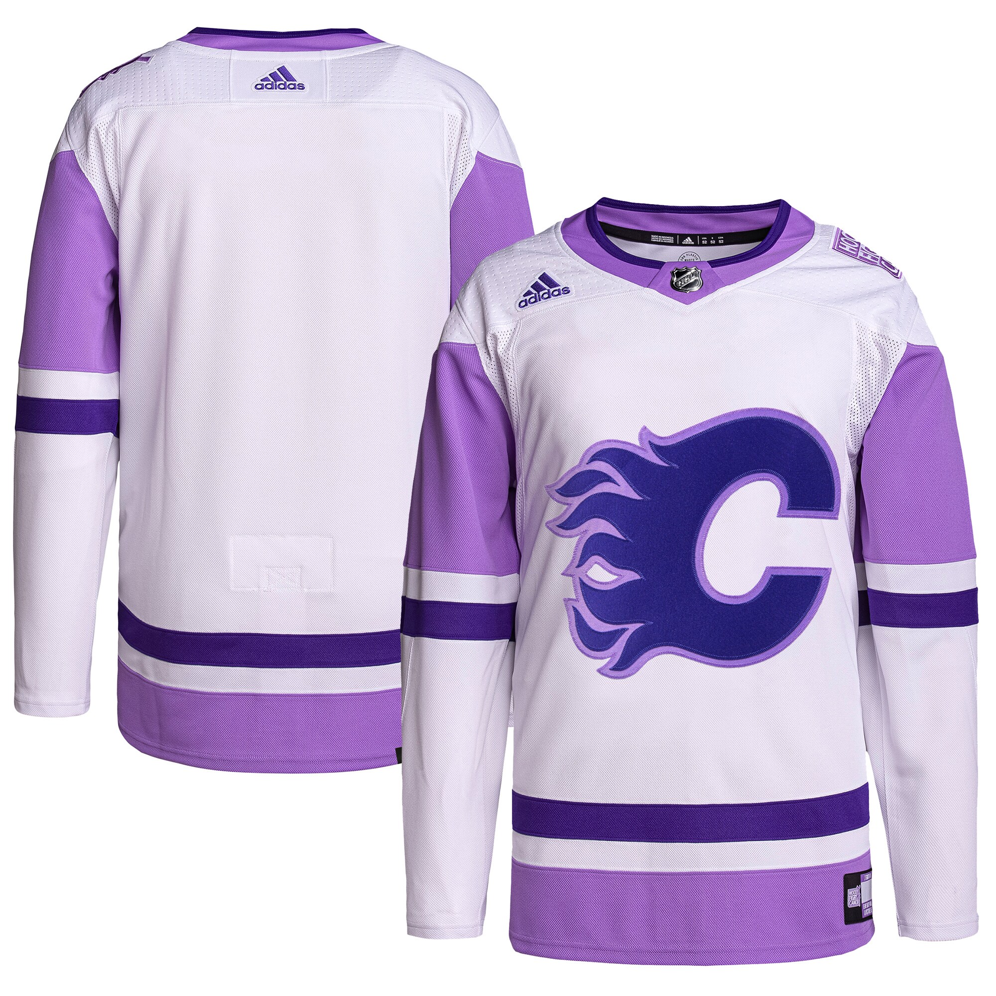 Calgary Flames  Hockey Fights Cancer Primegreen  Blank Practice Jersey – White/Purple