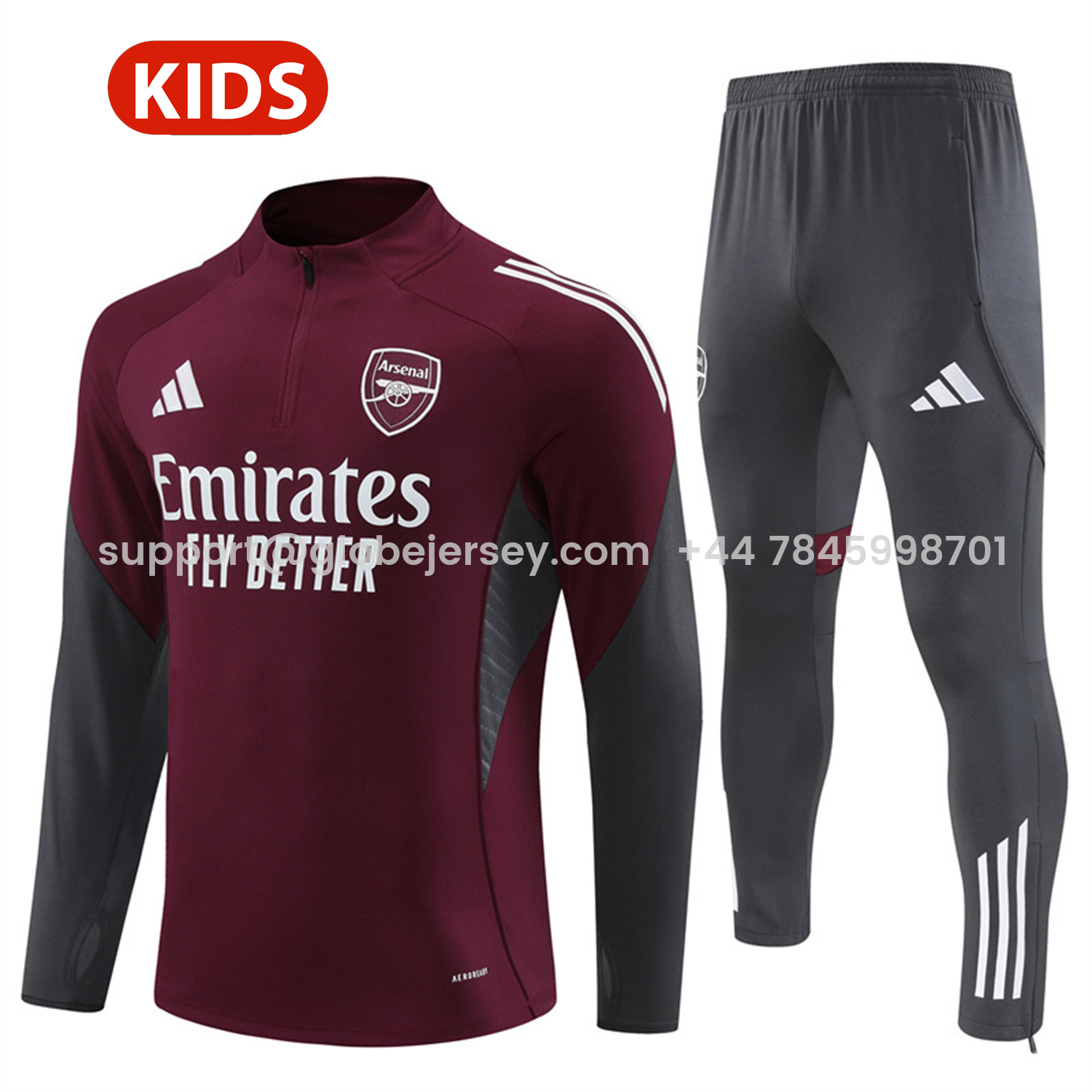 Arsenal 25-26 Kids Long Sleeve Training Set - Wine Red Top & Grey Pants