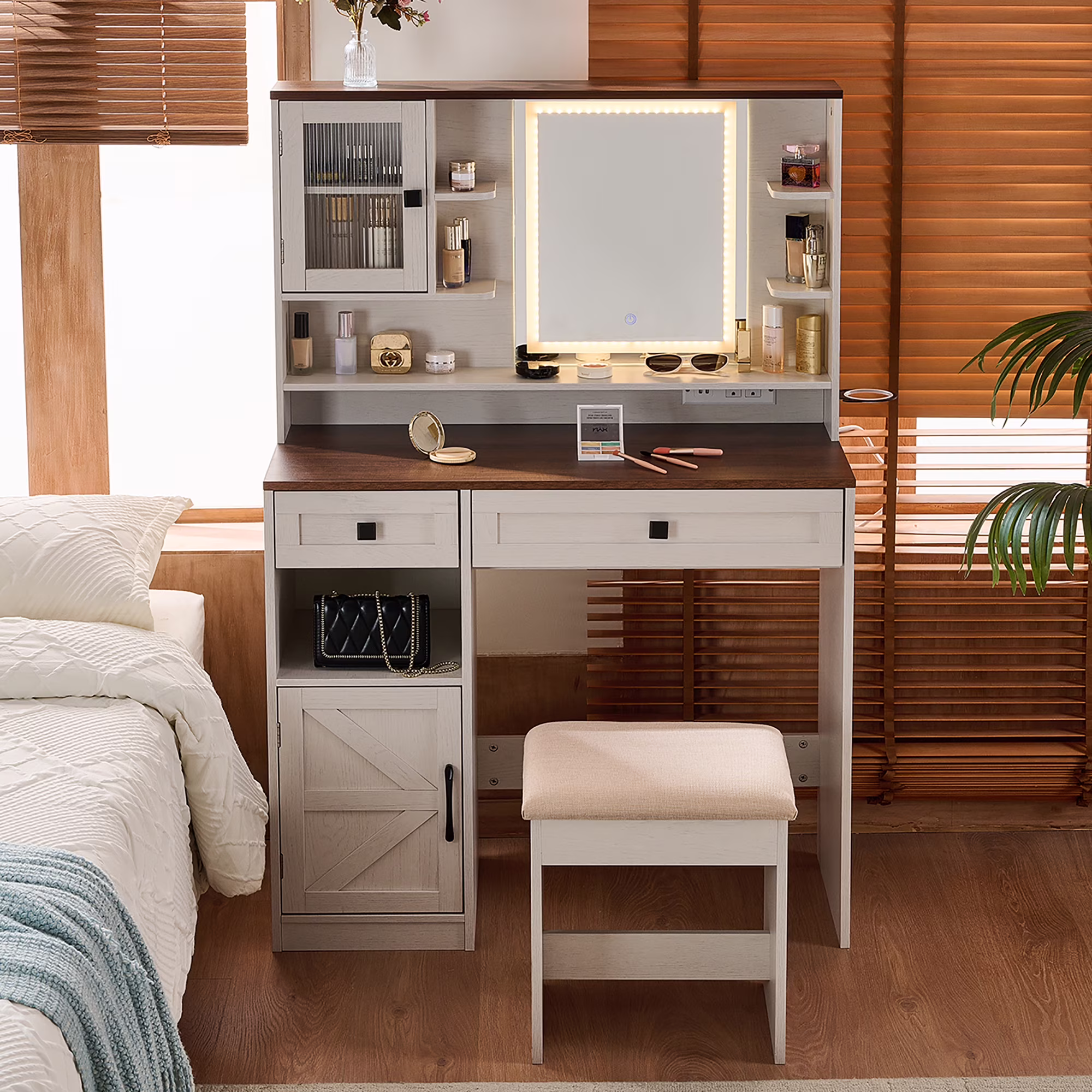 Farmhouse Makeup Vanity Desk with Mirror and Lights,Dressing Table Set with Charging Station and Stool,Drawers,Shelves and Side Cabinet,White