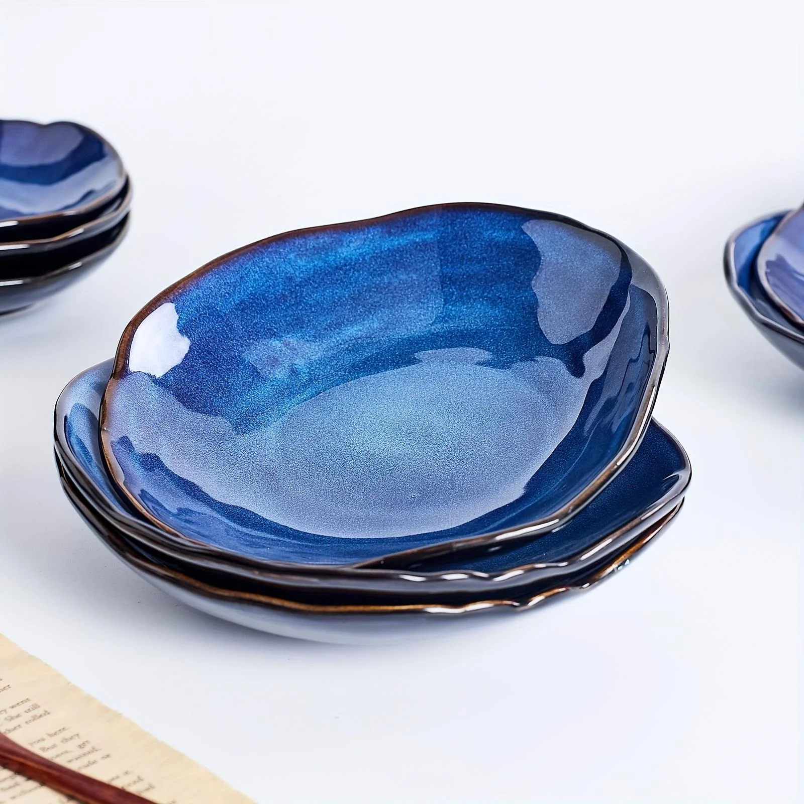 TAUFIKT 16pcs Nordic-style Ceramic Tableware Set, Blue Irregular Artistic Design Dinnerware