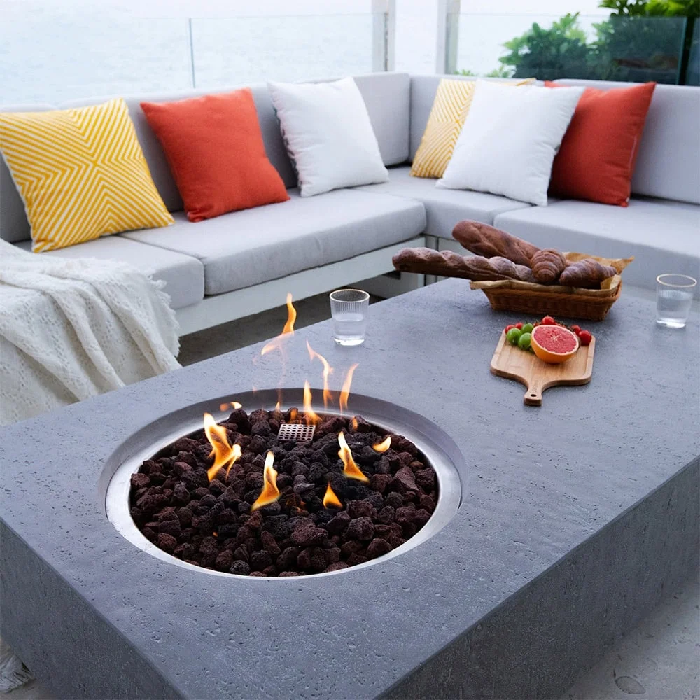 Elementi Outdoor Lunar Fire Bowl 42 Inches Grey Durable Fire Pit Table Glass Reinforced Concrete Round Fire Table Natural Gas Patio Fire Place Electronic Ignition Lava Rock Included