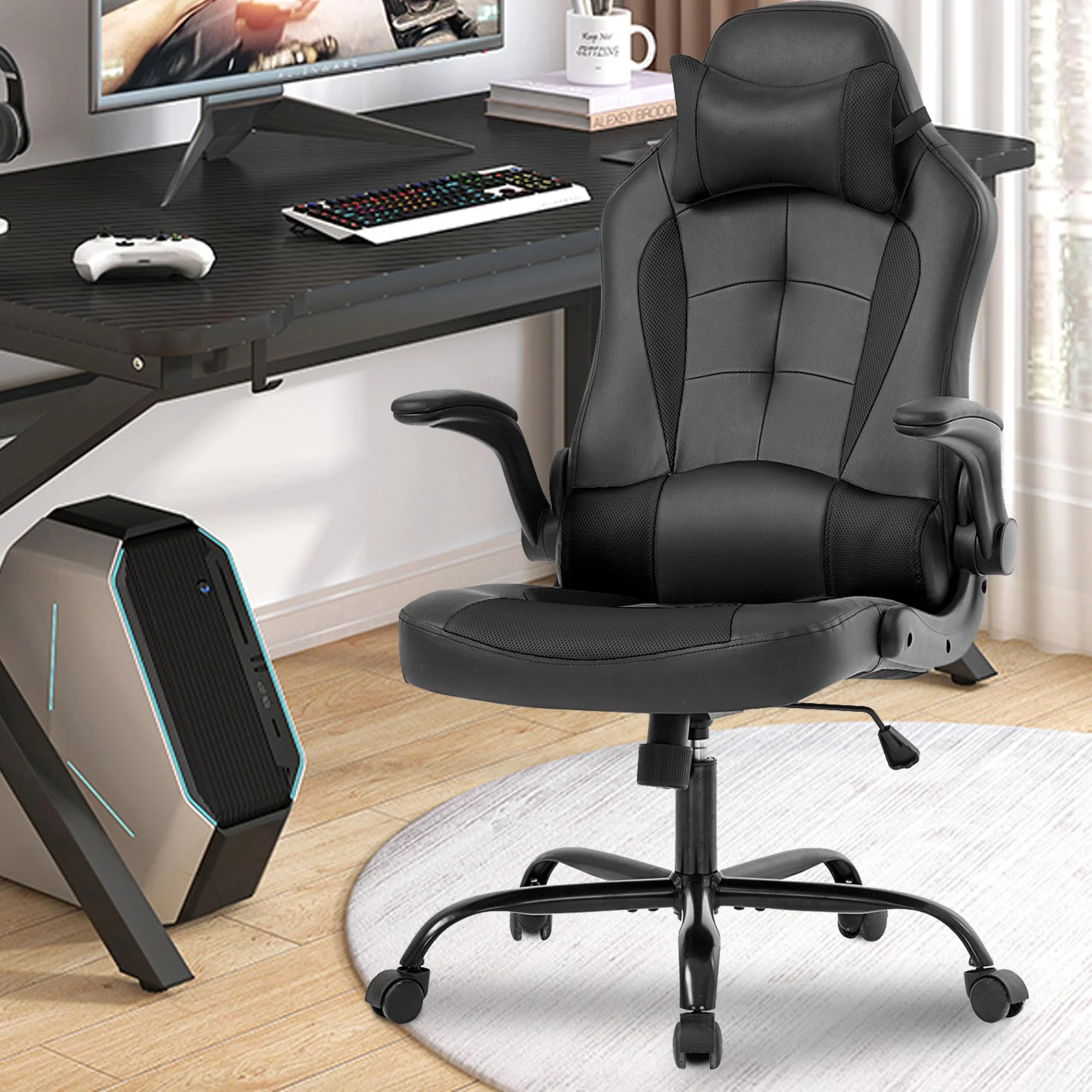 PayLessHere Gaming Chair With Lumbar Support, Adjustable Headrest Office Chair For Adults, Black