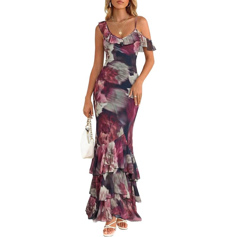 Wenrine Womens Summer Floral Maxi Dress Mesh