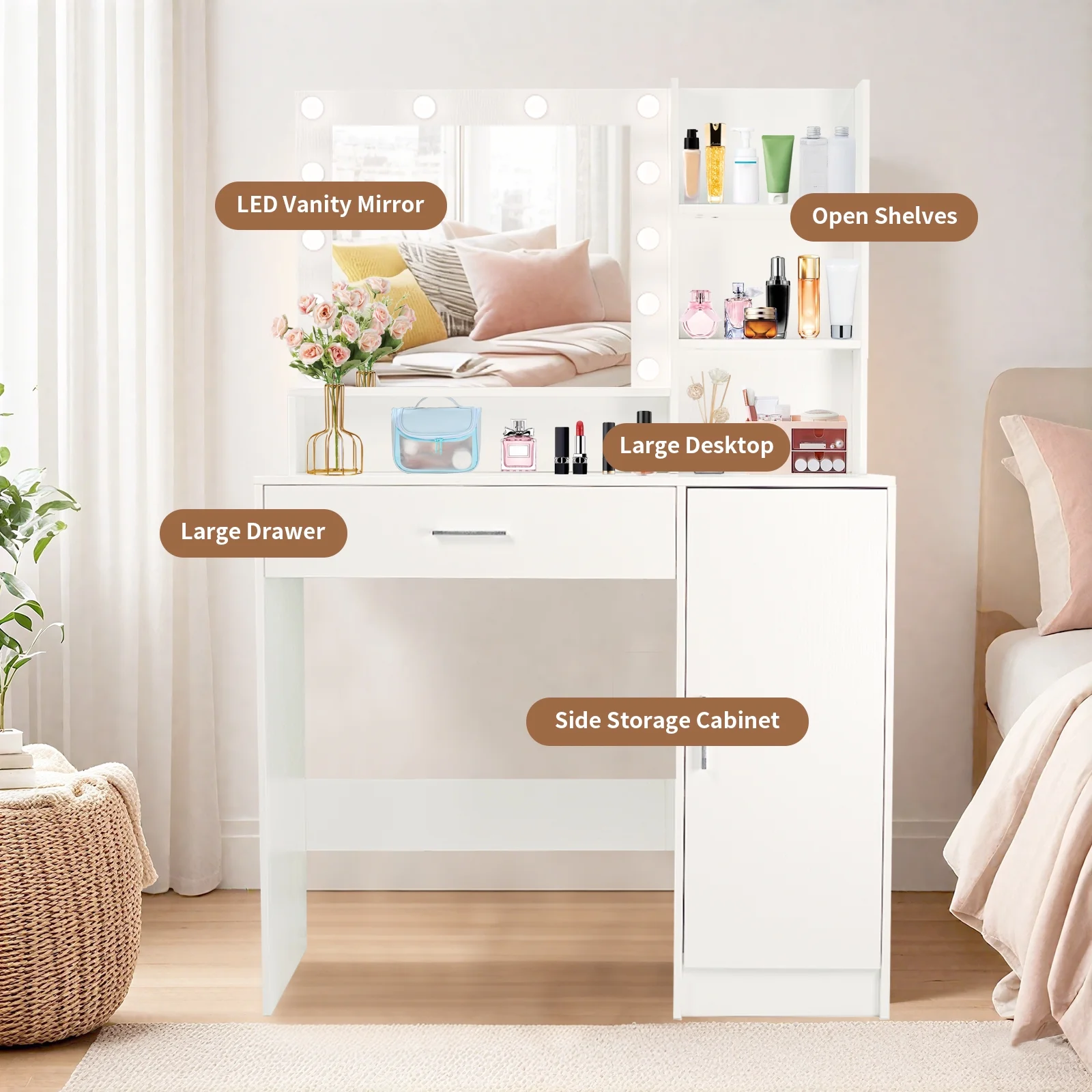 Vanity Desk with Mirror and Lights, Makeup Vanity with Drawer & Storage Cabinet, 3 Lighting Modes Adjustable Brightness, Makeup Desk with Open Shelves for Bedroom, Dressing Room, White