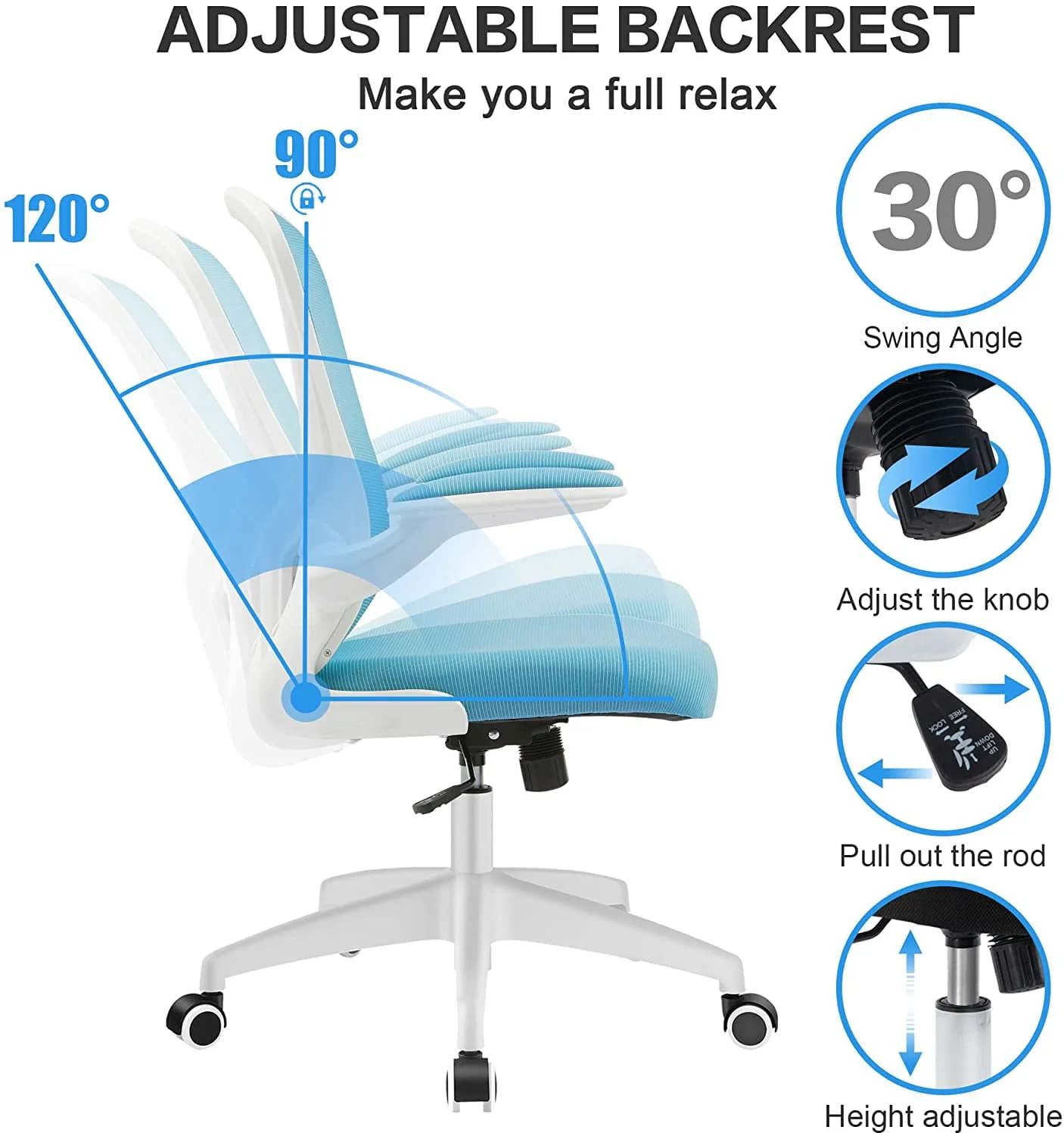 CoolHut Office Chair with Lumbar Support and Flip-up Arms, Ergonomic Desk Chair, Blue
