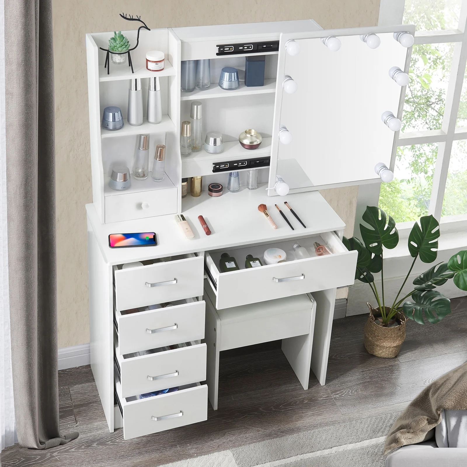 Yamissi Modern Vanity Table with Sliding Mirror and 10 LED Lights, Bedroom Makeup Desk Set with Stool, 6 Drawers & Shelves, White