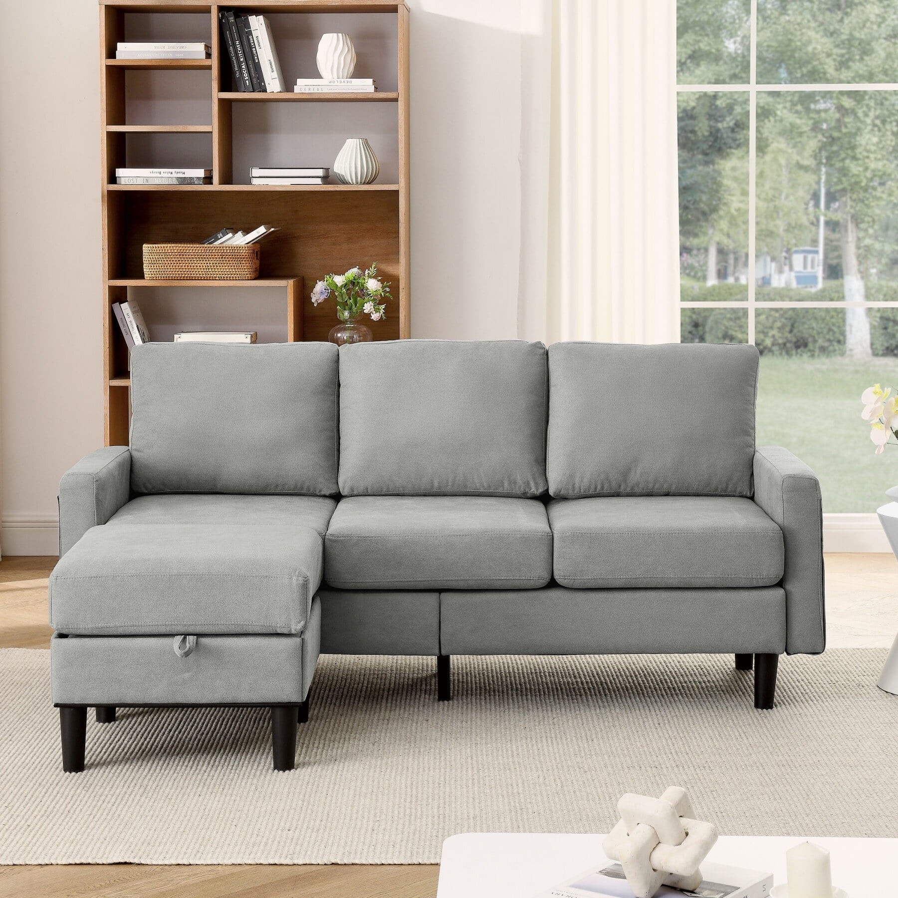 Modular Sectional L-Shape Couch with Storage Ottoman, Upholstered  4 Seat Sofa Couch with Padded Seat and Backrest,Free Combination Sofa for Small Living Room, Apartment, Office, Small Space,Light Gra