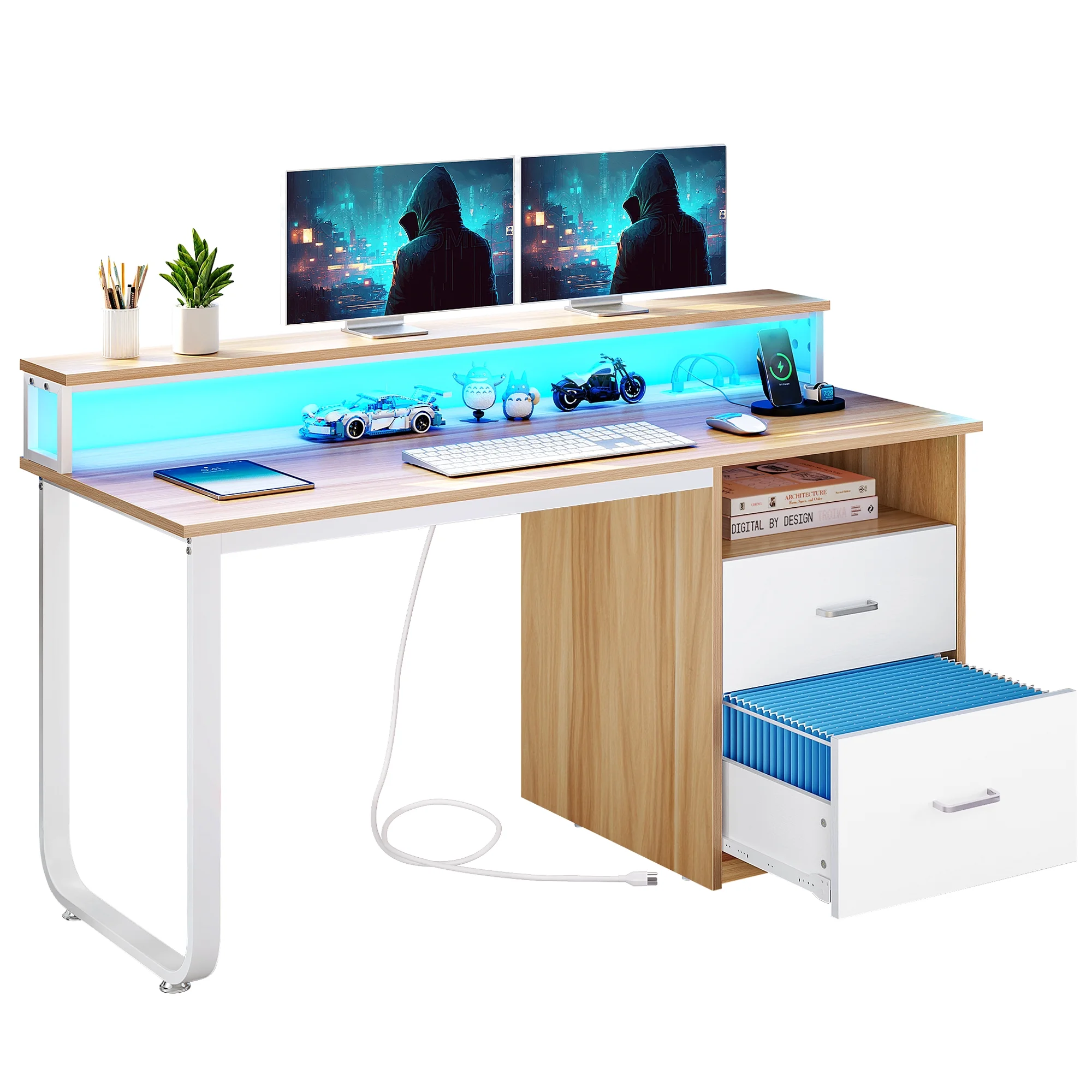 Dextrus 47 inch Computer Desk with Storage Drawers & LED Light, Office Desk with Monitor Stand & Power Outlets, Work Study PC Desk for Small Spaces, Home Office, Oak