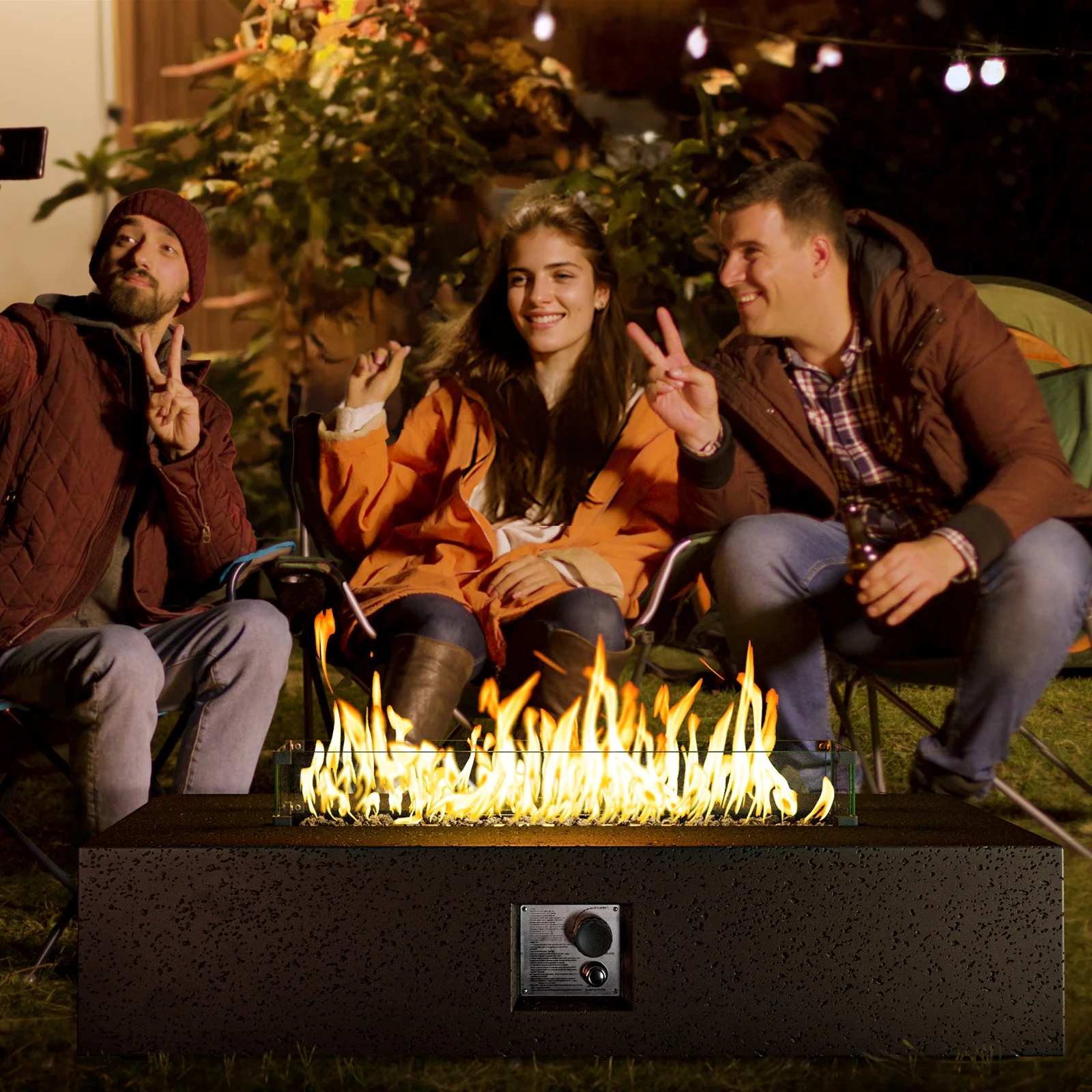COSIEST 2-Piece Outdoor Rectangle Terrazzo White Propane Fire Table Set with Tank Cover Table