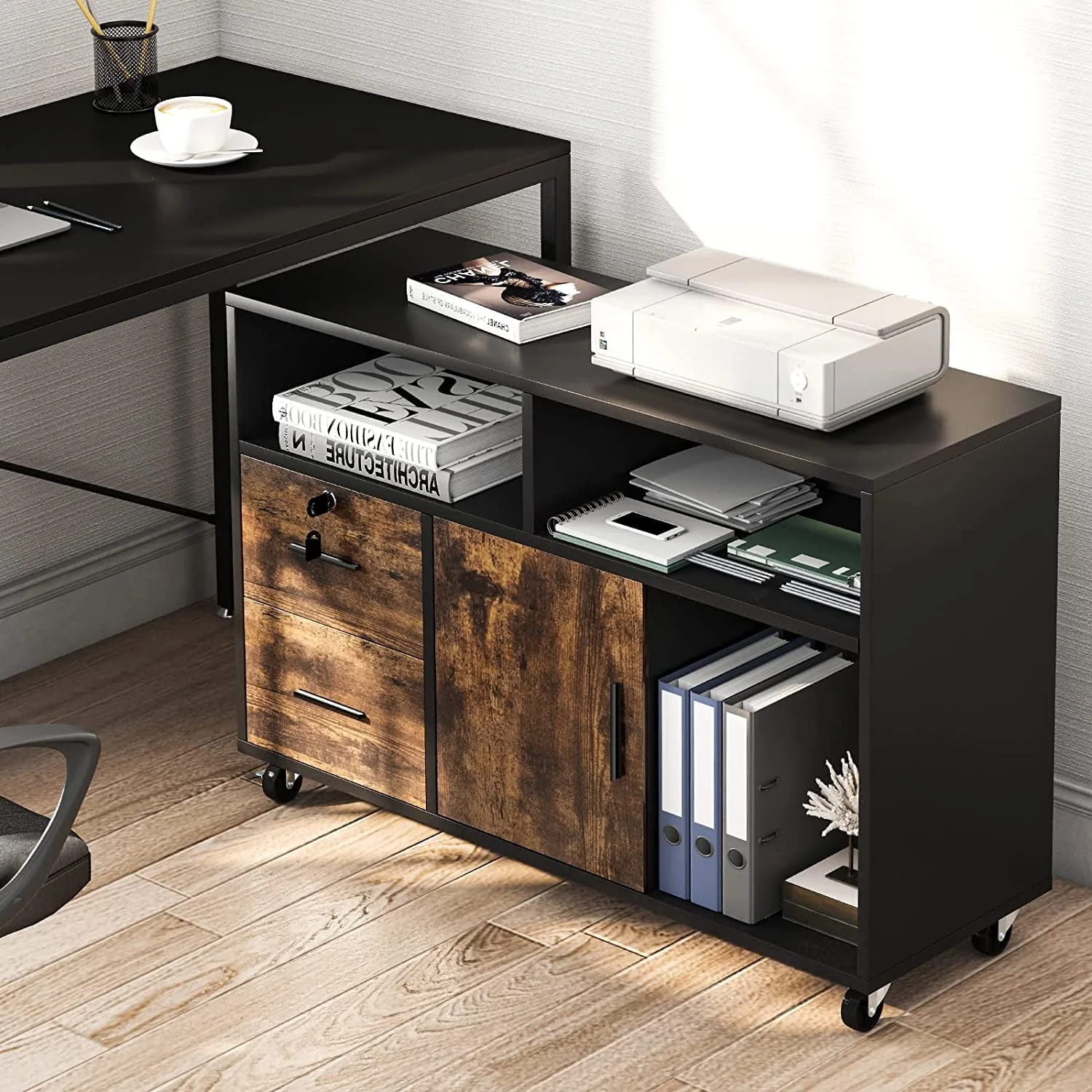Dextrus Wood File Cabinet, 2 Drawer Mobile Lateral File Cabinet Printer Stand with Open Storage Shelves for Home Office, Black & Rustic Brown