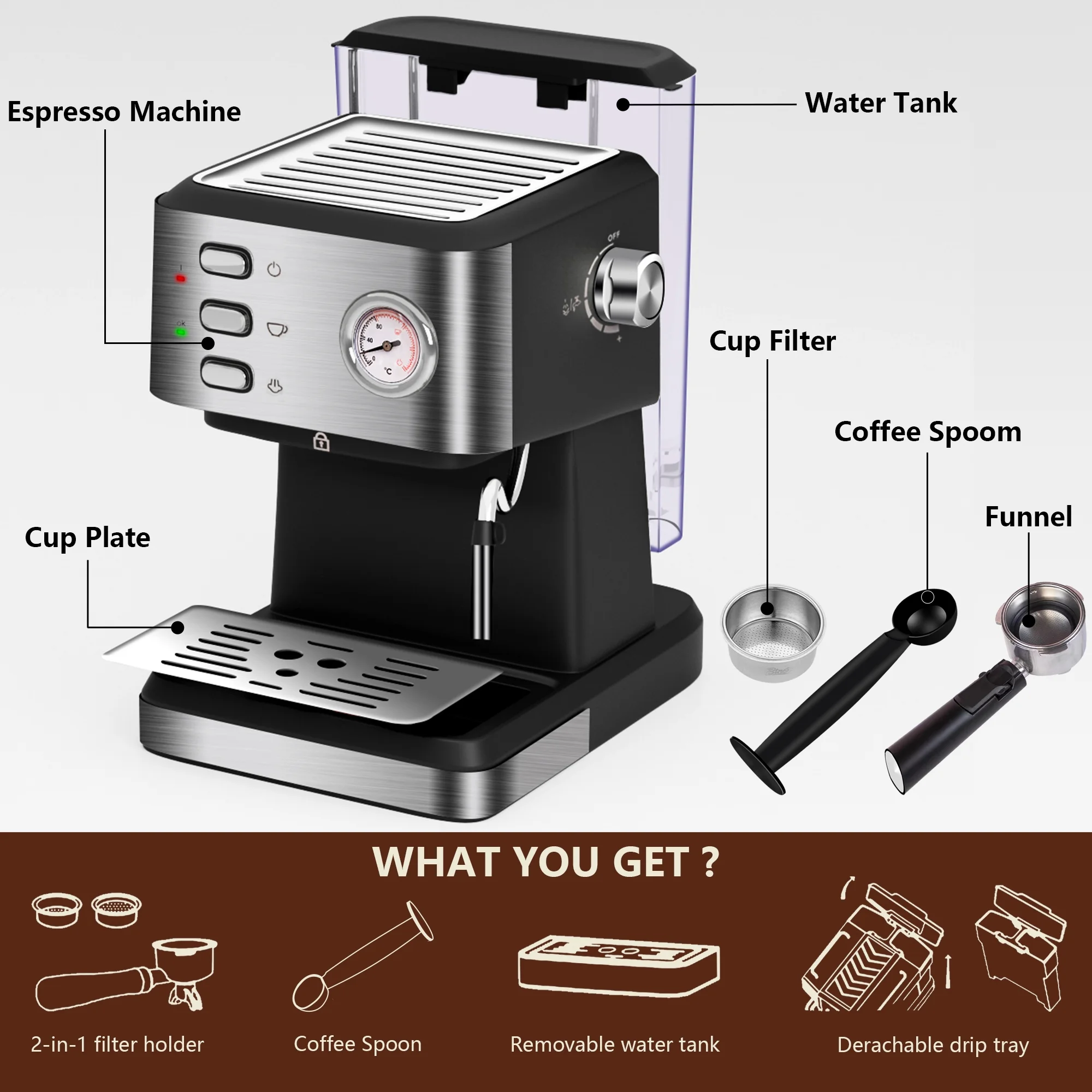 Bluebow Espresso Machine 20 Bar, 1.5L Water Tank Pressure Gauge Milk Frother Steam Coffee Maker, Silver