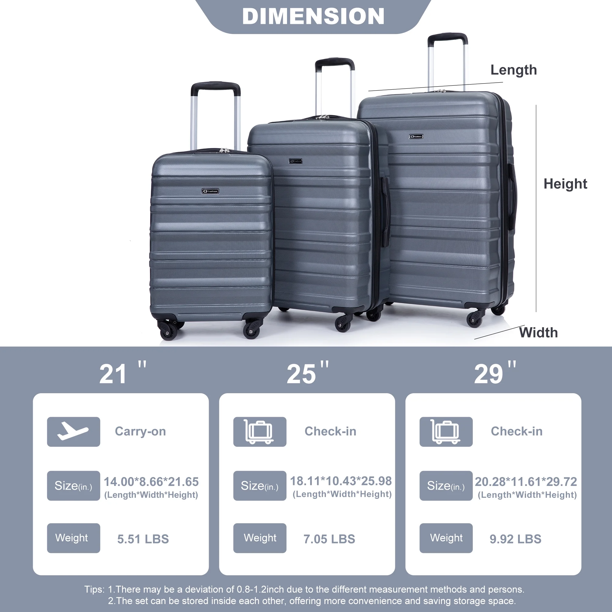 PAPROOS Hardside Luggage Set, 3 Piece 21in 25in 29in Carry on Suitcases Set with 2 Hooks and TSA Lock, Modern Lightweight Luggage Set, Hardshell Expandable Suitcase Set for Family Travel, Black