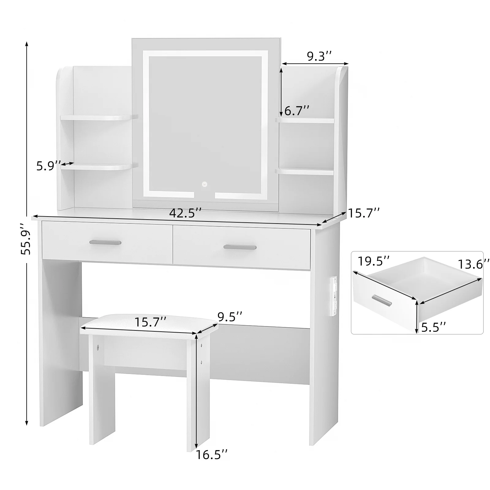 RichYa Modern Makeup Vanity Set with Lights Mirror and Drawers,White Makeup Desk,Dressing Table