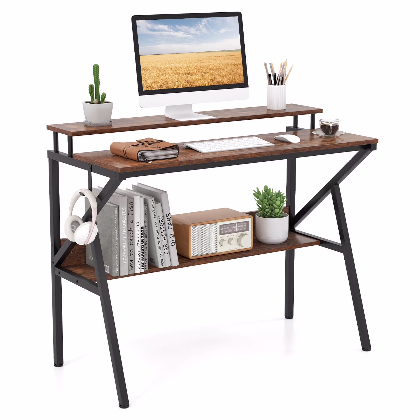Costway Home Office Desk with Monitor Stand, Open Shelf & Metal Frame, Earphone Hook White