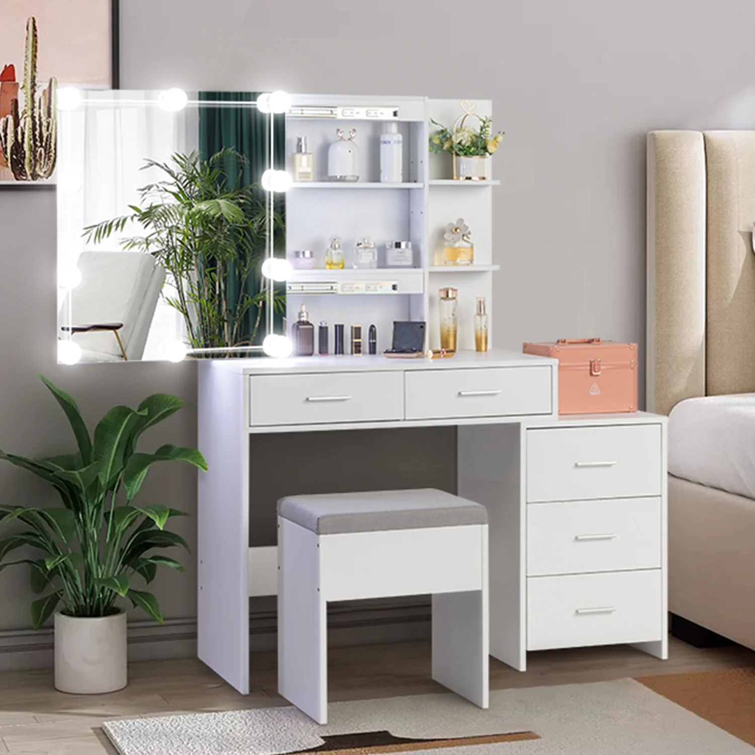 Resenkos Vanity Desk Set with Mirror and Lights for Makeup, 5 Drawers Storage Dresser for Bedroom, White