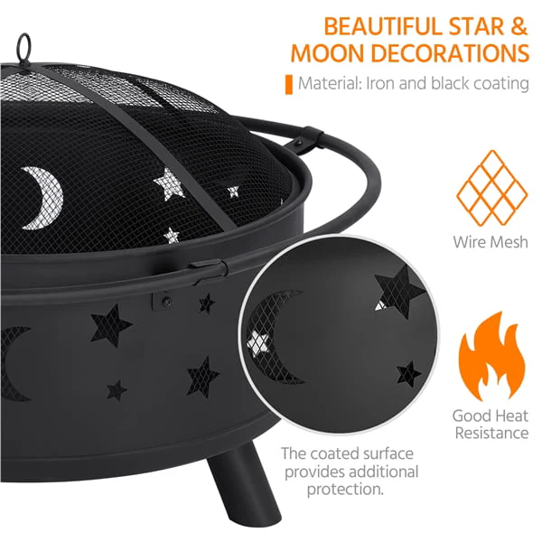 SMILE MART Iron Fire Pit Set Heating Equipment Camping Fire Bowl with Poker Mesh Cover for BBQ Backyard Patio Outdoor Fireplace Black