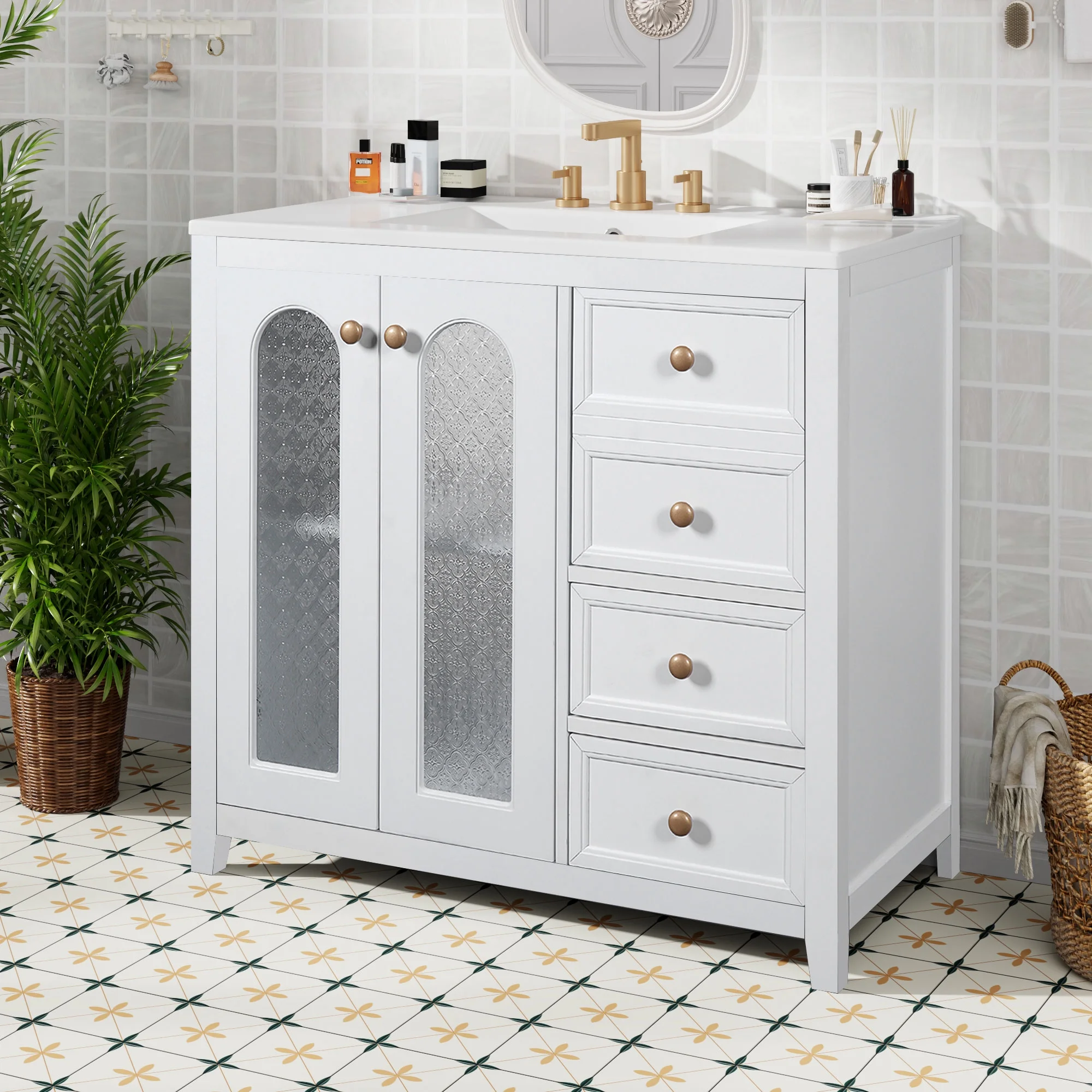 36-Inch Single Bathroom Vanity with Ceramic Top, 2 Glass Doors, Adjustable Shelves and Three Drawers