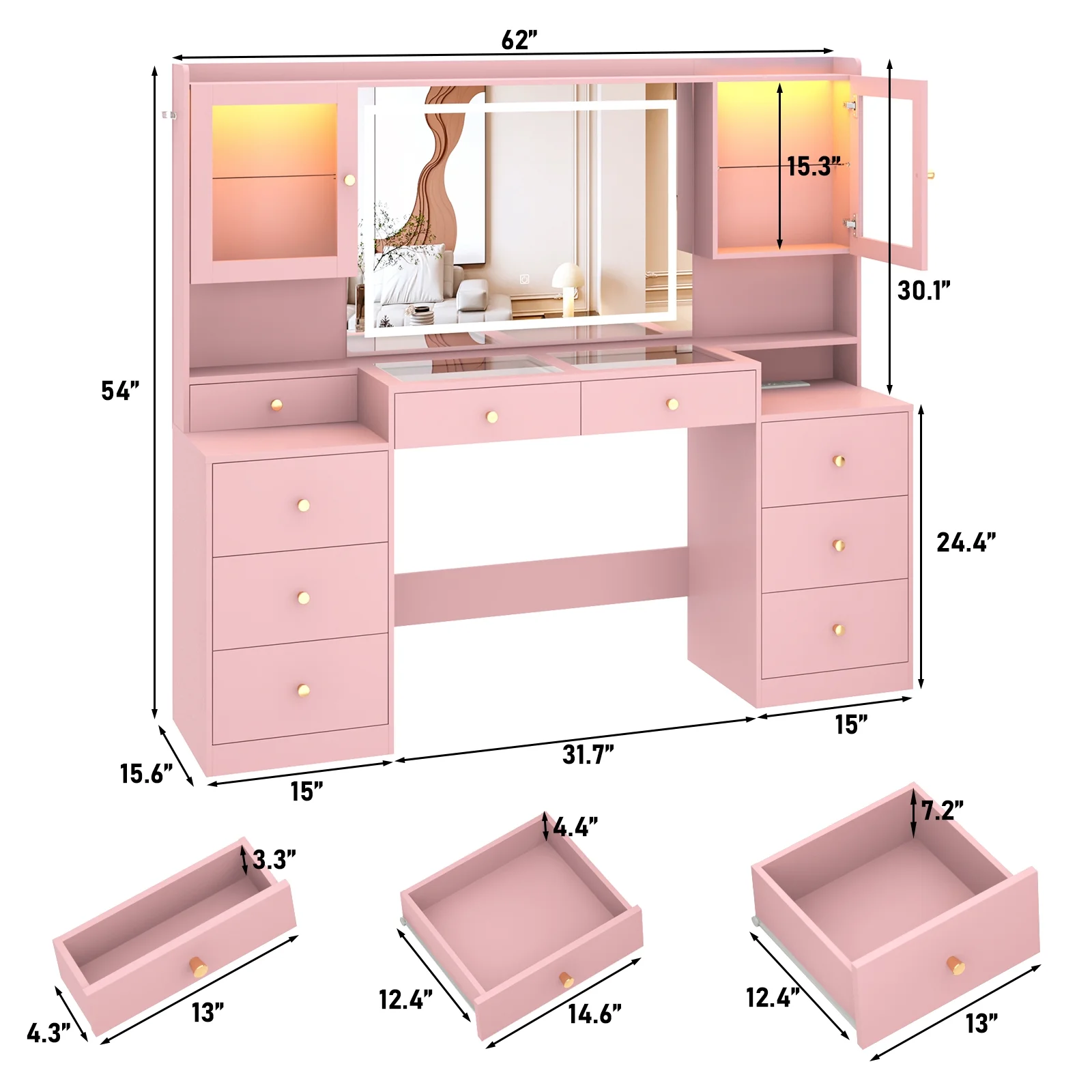 ChVans 62'' Large Vanity Desk with Tempered Glass Top, 60000-color LED Lights, Charging Station, White Makeup Vanity with 3 Lights Mode LED Mirror, 9 Drawers, 2 RGB cabinets for Women, Girls Gift