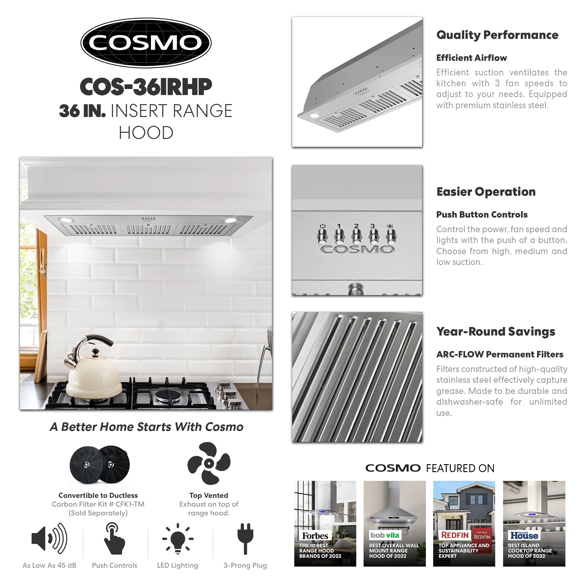 30 in. Insert Range Hood with Push Button Controls in Stainless Steel