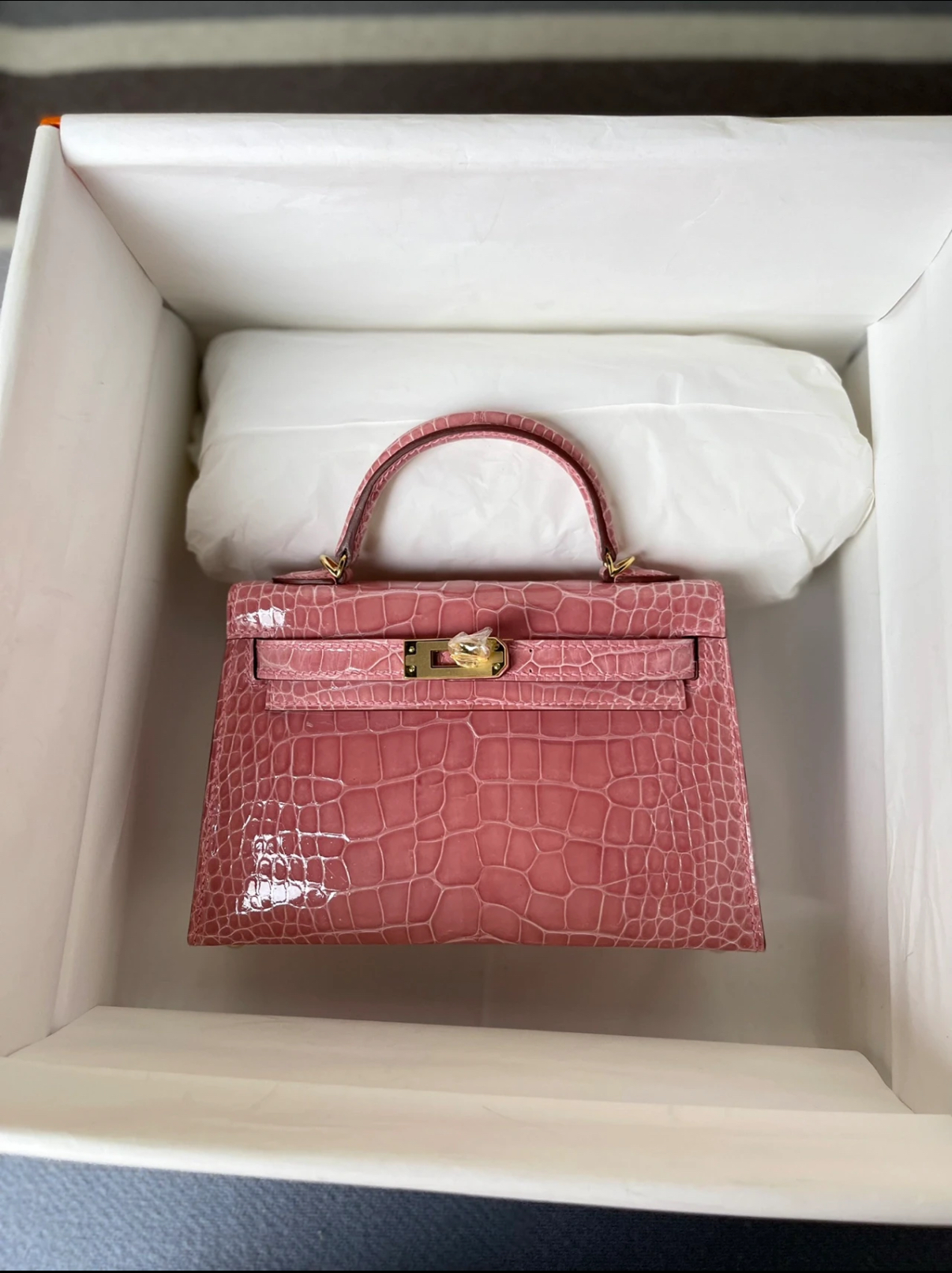 Hermès Kell mini 2 light pink Shiny crocodile leather custom