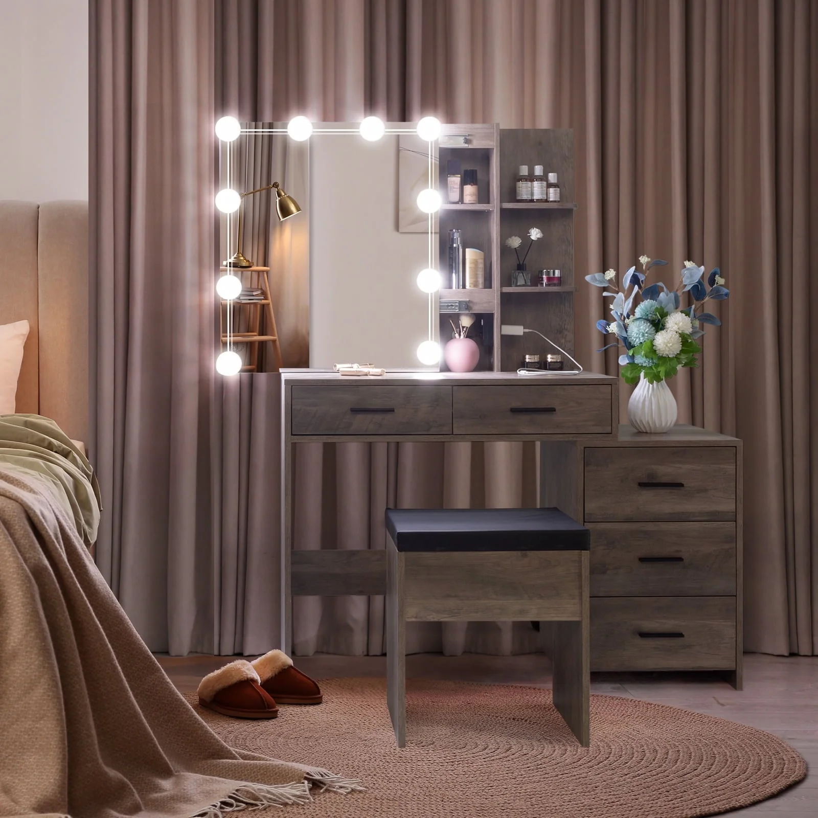 Ktaxon Vanity Set with 3 Color Lighted Mirror & Charging Station, Makeup Table with 3 Storage Shelves & Drawers, Dressing Table Makeup Desk with Stool,Retro Gray
