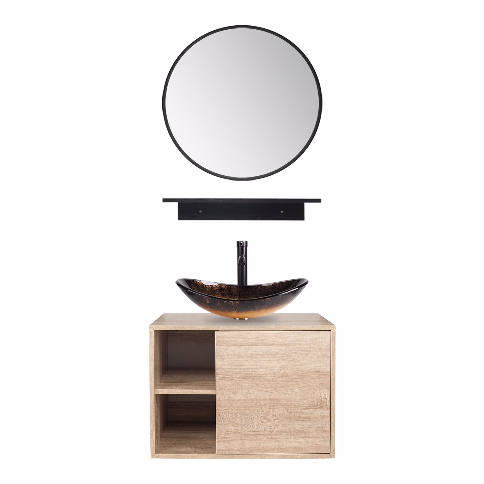 PULUOMIS Wall Mounted Bathroom Vanity Set with Mirror Storage Shelf, PVC Sheet Natural Cabinet with Black Side Panels (Cabinet + Sink)