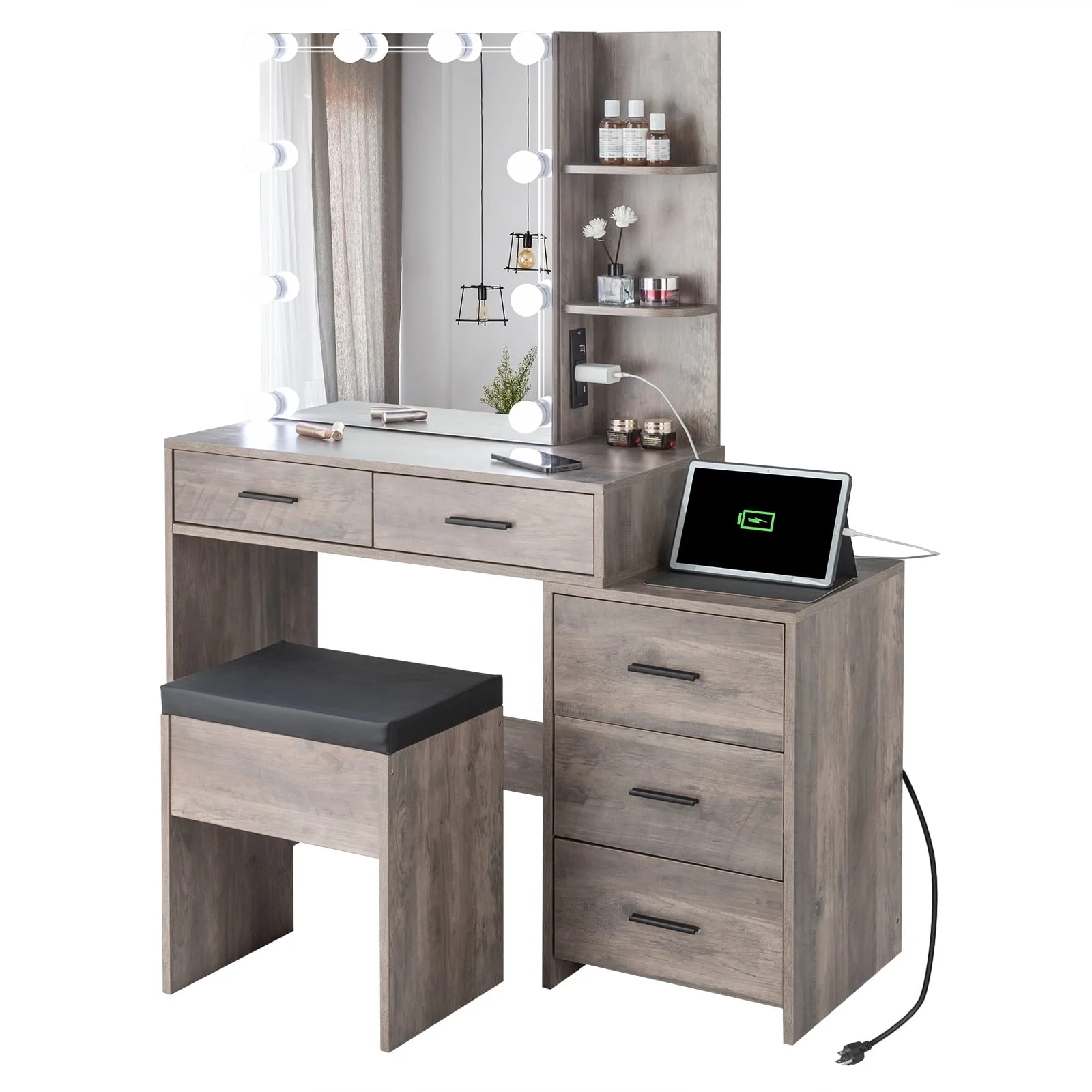 Ktaxon Vanity Set with 3 Color Lighted Mirror & Charging Station, Makeup Table with 3 Storage Shelves & Drawers, Dressing Table Makeup Desk with Stool,Retro Gray