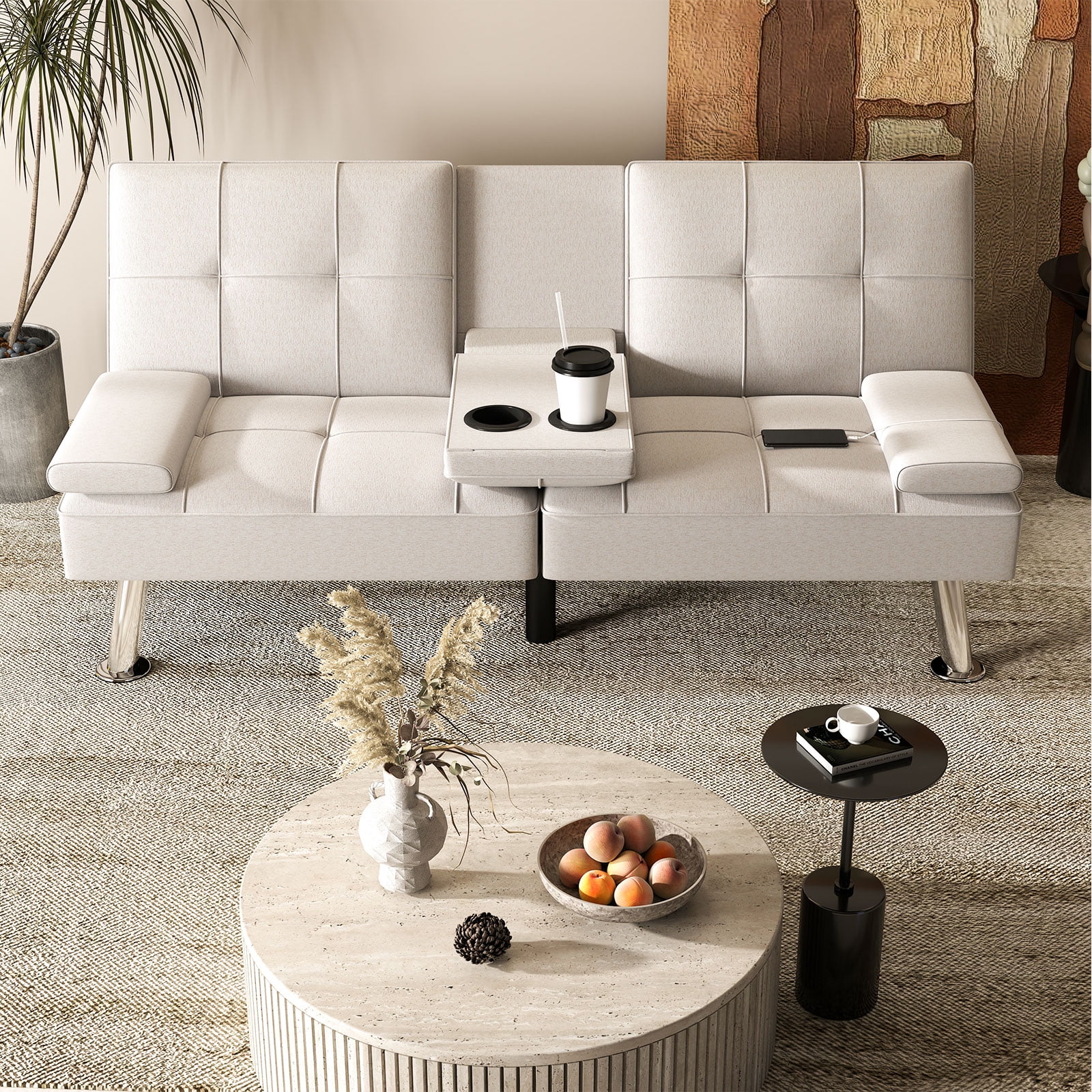 Ebello Multifunctional Double Linen Folding Sofa Bed - Elegant Guest Bed, PU Leather, White