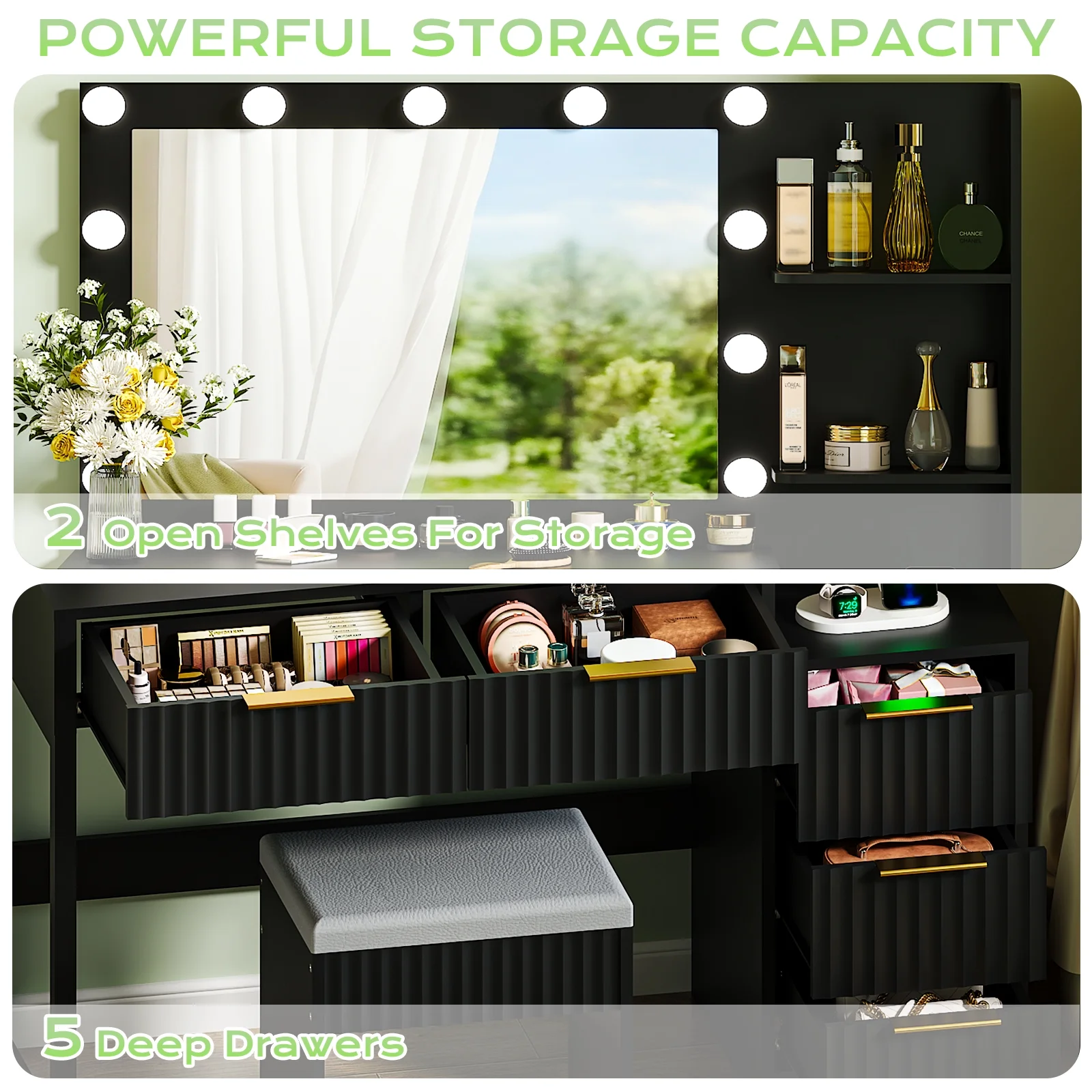 Ktaxon Flutted Makeup Vanity Table Set with 5 Drawer, Dressing Table w/Charging Station, Vanity Desk for Femal Gift, White