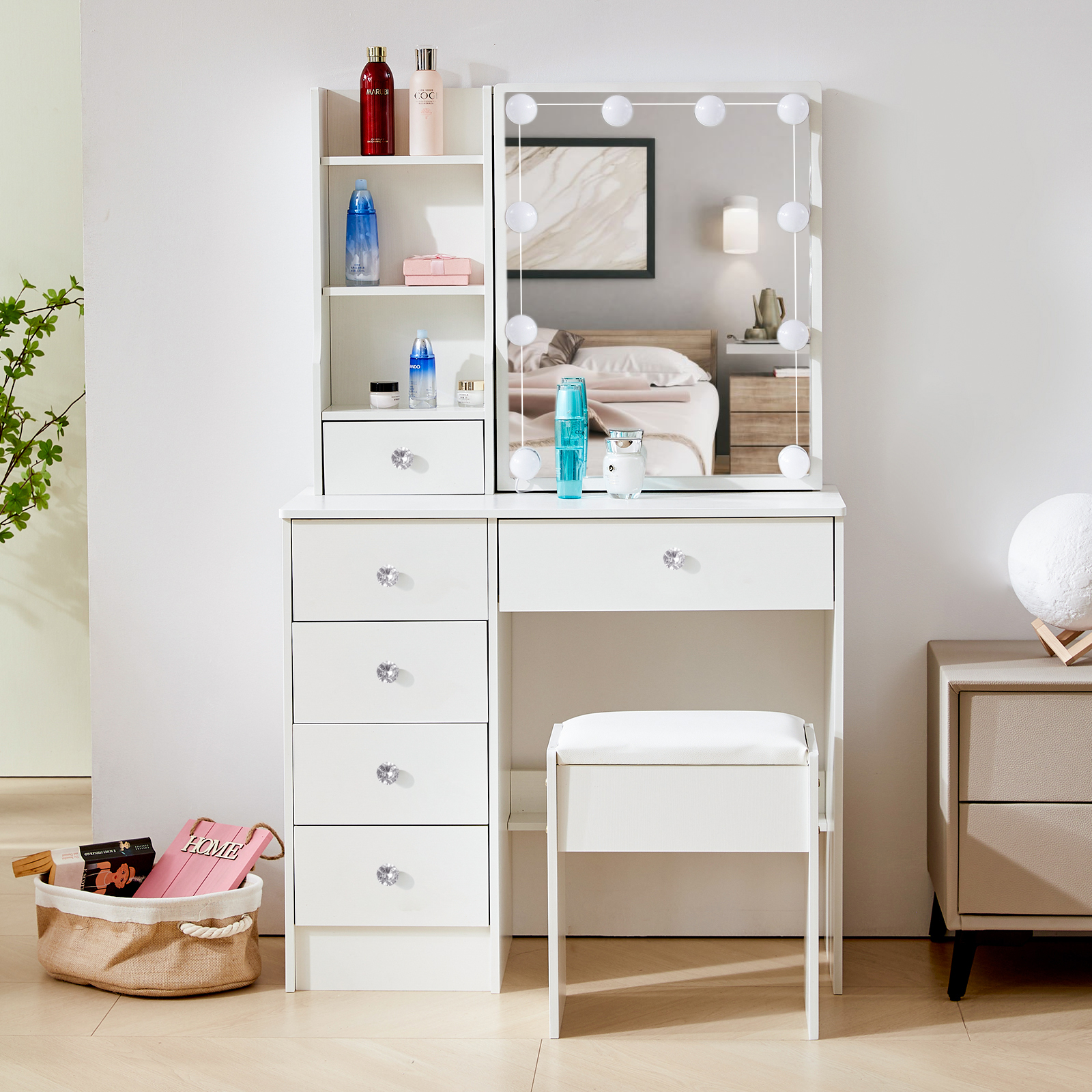 Jarbalai 10-LED Vanity Table with Sliding Mirror, 6 Drawers & Stool, White Makeup Desk