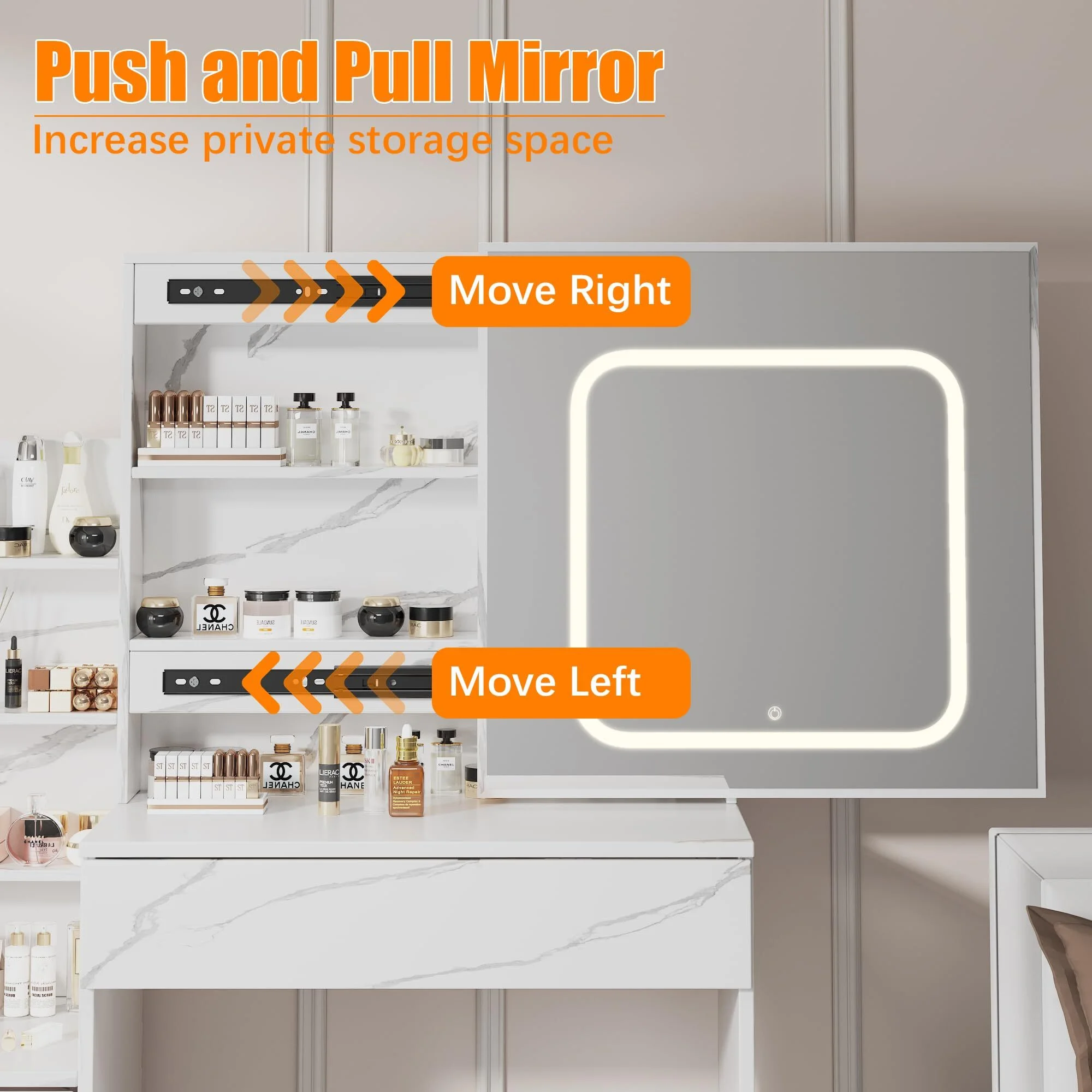 Vanity Desk with Sliding Mirror & Lights, Makeup Vanity Set with Charging Station 4 Drawers 7 Shelves, Large Vanity Set with Cushioned Stool for Bedroom, White