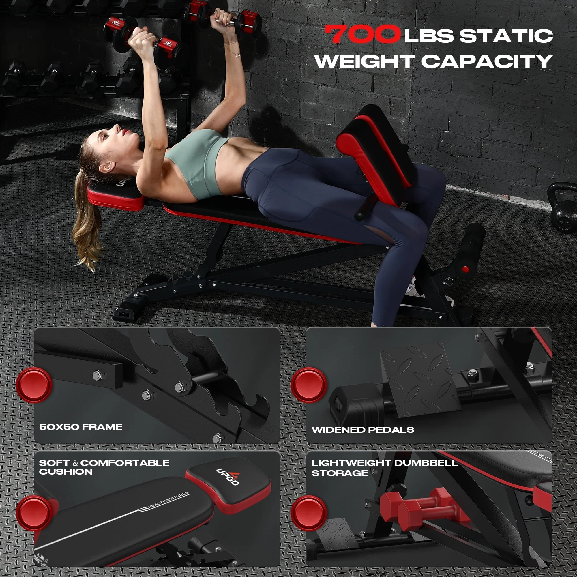 UPGO Adjustable Weight Bench, Multi-Functional Workout Bench for Full Body Workout, Roman Chair for Hyper Back Extension, Flat/Decline Bench with Handle, Abdomen core and Comprehensive Glute Training