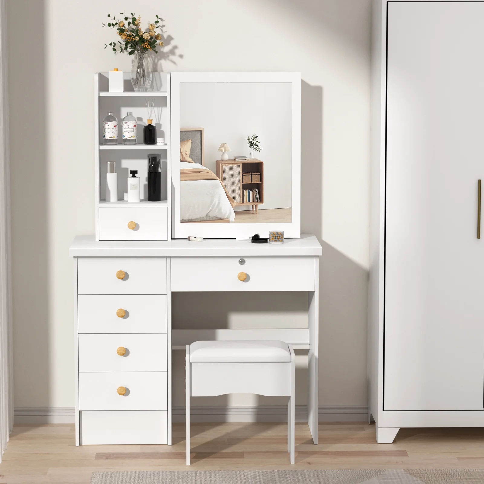 Fogcroll Vanity Desk with Mirror, Makeup Vanity with 6 Drawers and 3 Open Shelves Modern Vanity Set Dressing Table for Bedroom 31.5