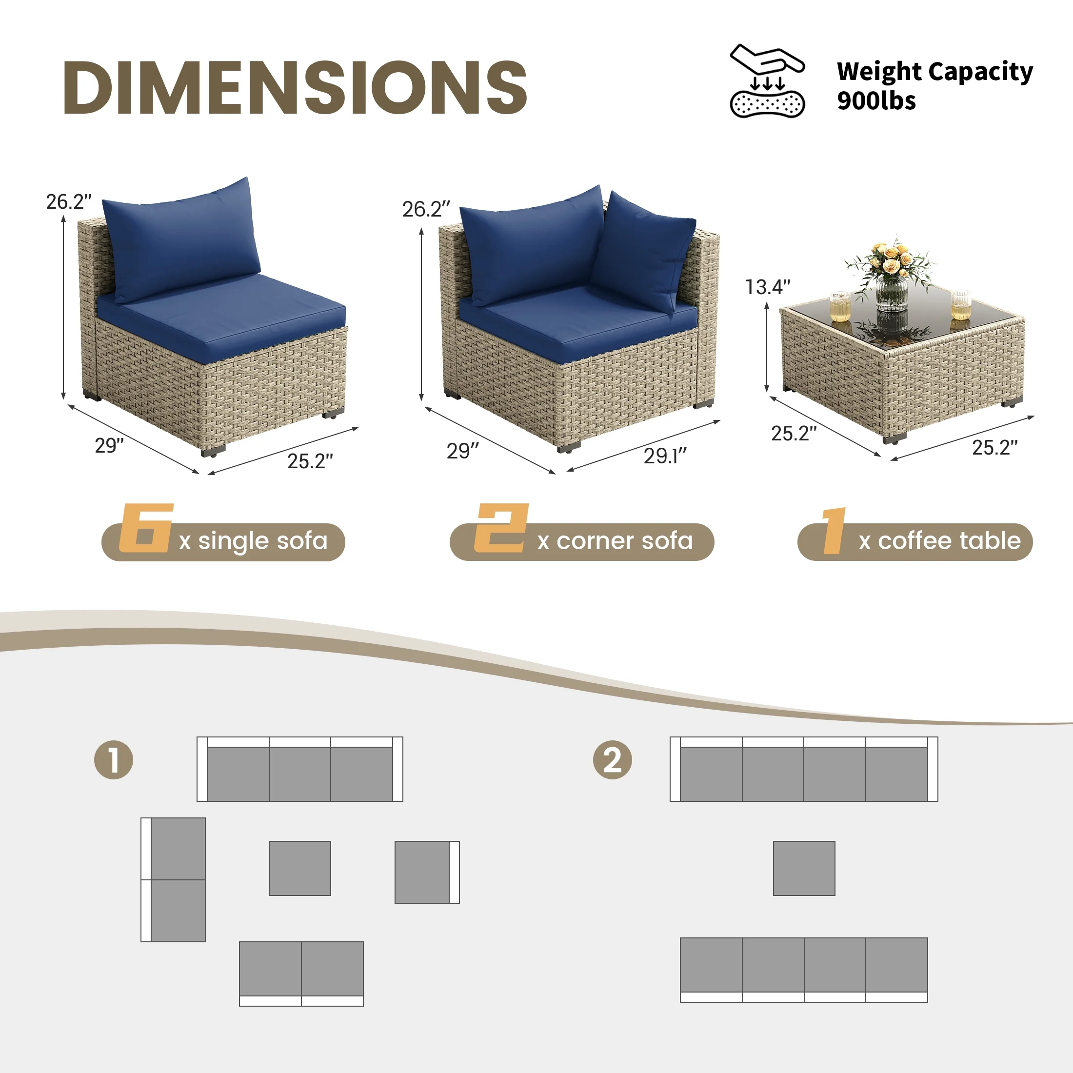 POTEBAN 7 Pieces Outdoor Patio Furniture Set, Grey Rattan Wicker Outdoor Conversation Sectional Sofa Set with Cushions for Backyard, Green