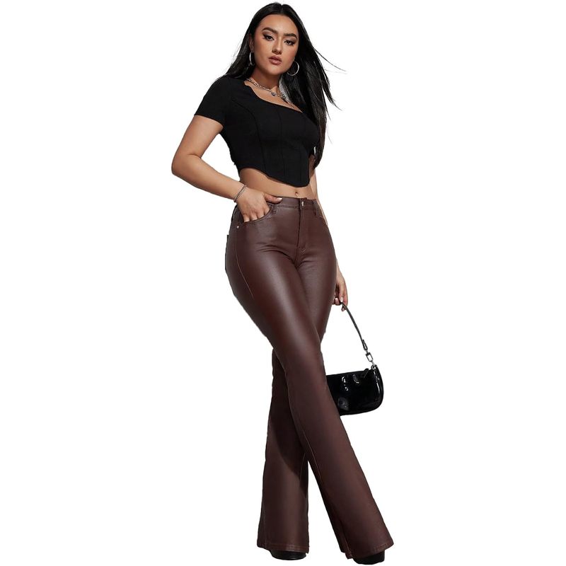 Women's Faux Leather Coated Flare Pants Mid Waist