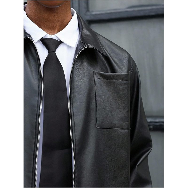 Men's Faux Leather Jacket Long Sleeve Zip Up Collared
