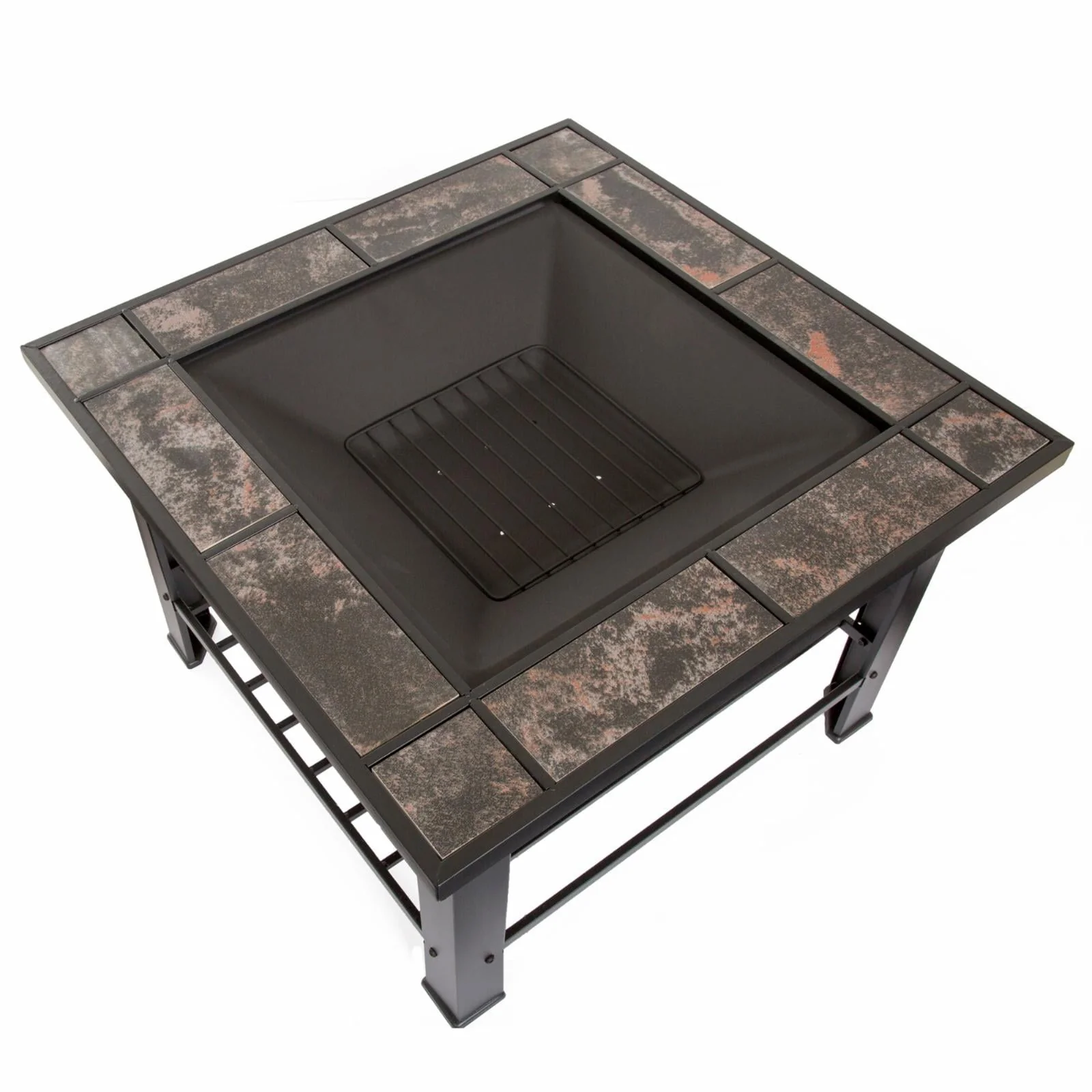 Fire Pit Table �?30-Inch Square Wood Burning Bonfire Pit with Marble Tile Edge, Spark Screen, Tile Fire Bowl Cover, Log Poker by Pure Garden (Black)