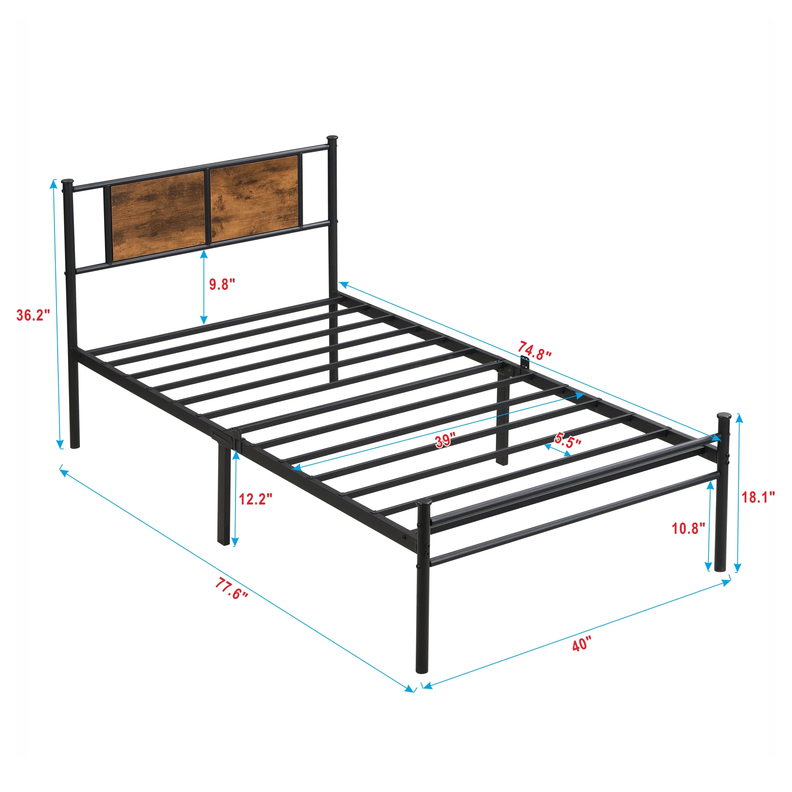Twin Size Metal Bed Frame with Wooden Panel Headboard - Black + Brown, 300LBS Capacity, No Box Spring Needed