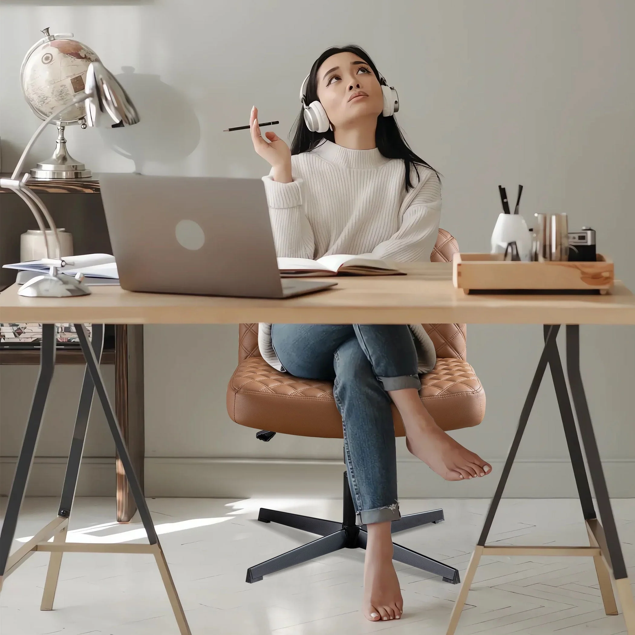 JONPONY Armless PU Leather Office Desk Chair,Cross Legged Home Office Chair No Wheels Heavy Duty Metal Base,120° Rocking Ergonomic PC Chair,Brown