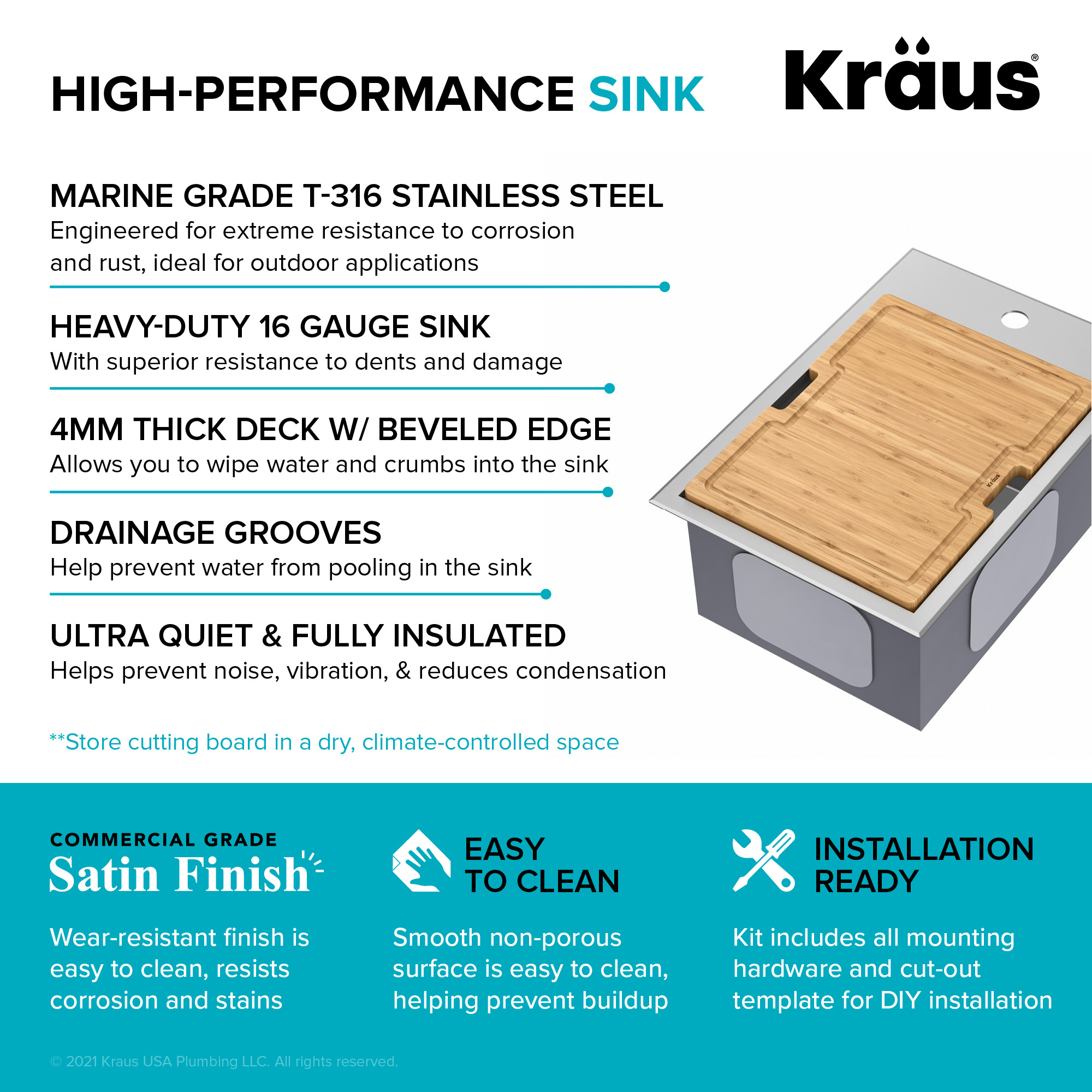 Kraus Kore 15 Outdoor Workstation Drop-In 16 Gauge Marine Grade T-316 Stainless Steel Single Bowl Kitchen Bar Sink with Accessories
