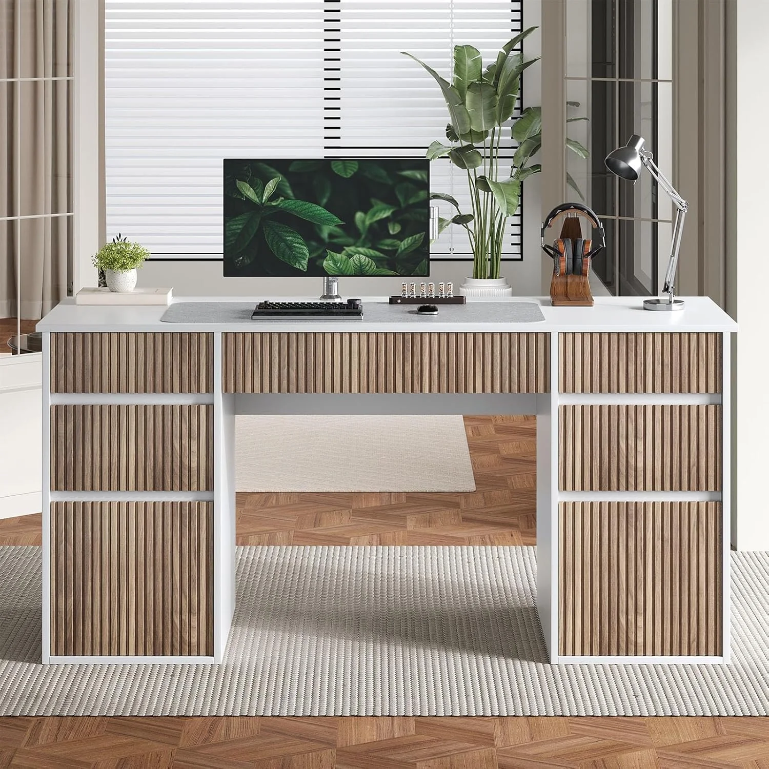 DreamCurship 58 Inch White Executive Desk, White Computer Desk with 7 Drawers, Home Office Desk for Work and Study, White and Walnut
