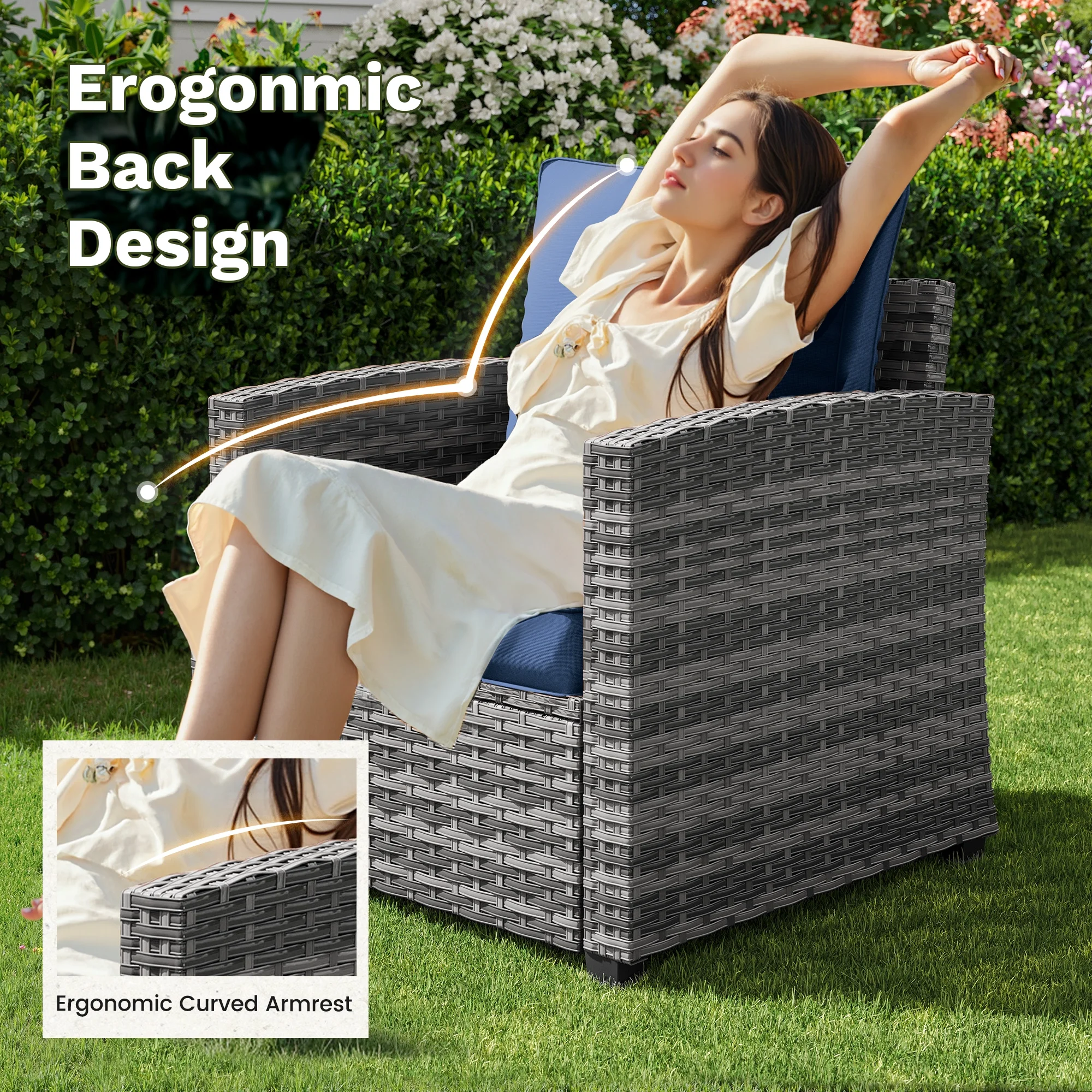 POTEBAN Patio Furniture Set, 7 Pieces Outdoor Sectional Sofa Couch with Chairs, Ottomans and Comfy Cushions, All Weather Wicker Rattan Patio Conversation Set for Garden Backyard Dark Grey