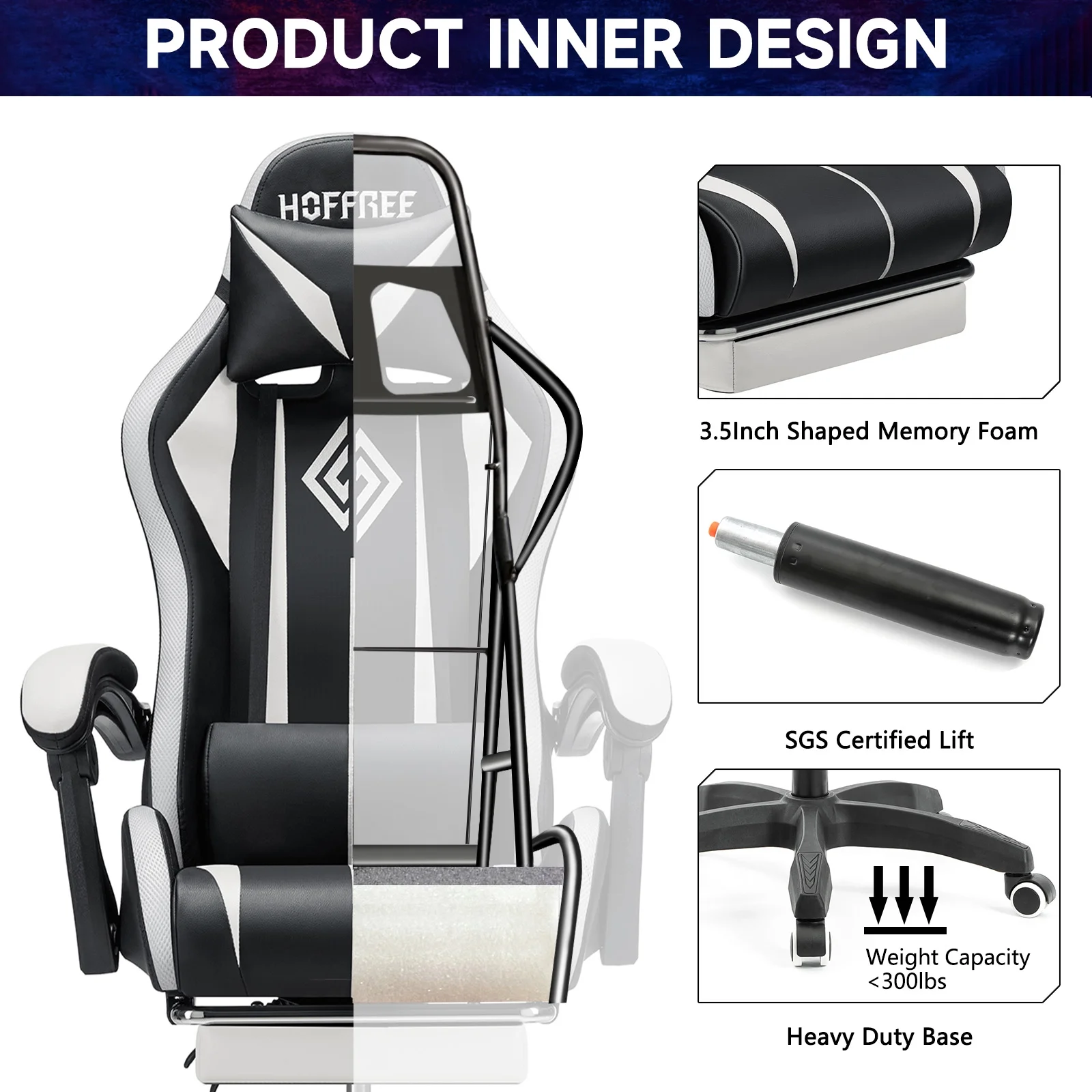 Hoffree Gaming Chair with Massage PU Leather Office Chair with Footrest and LED Light Ergonomic Gamer Chair Lumbar Support Adjustable Headrest High Back Computer Desk Chair for Home Office
