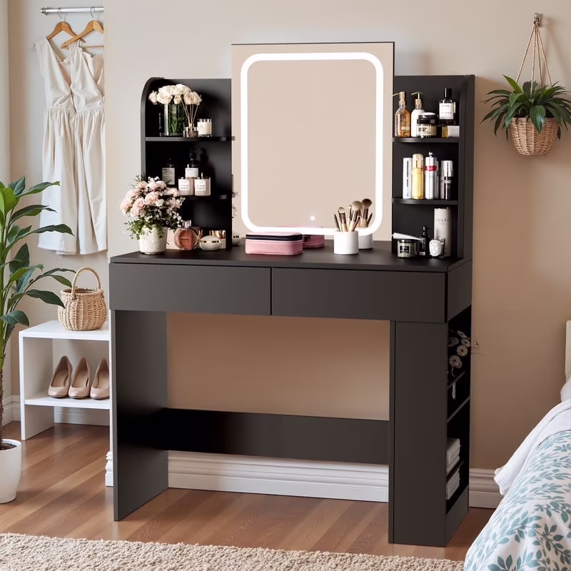 Furmax Makeup Vanity Desk with LED Lighted Mirror Vanity Table with Drawers, Shelves & Side Storage for Bedroom, White