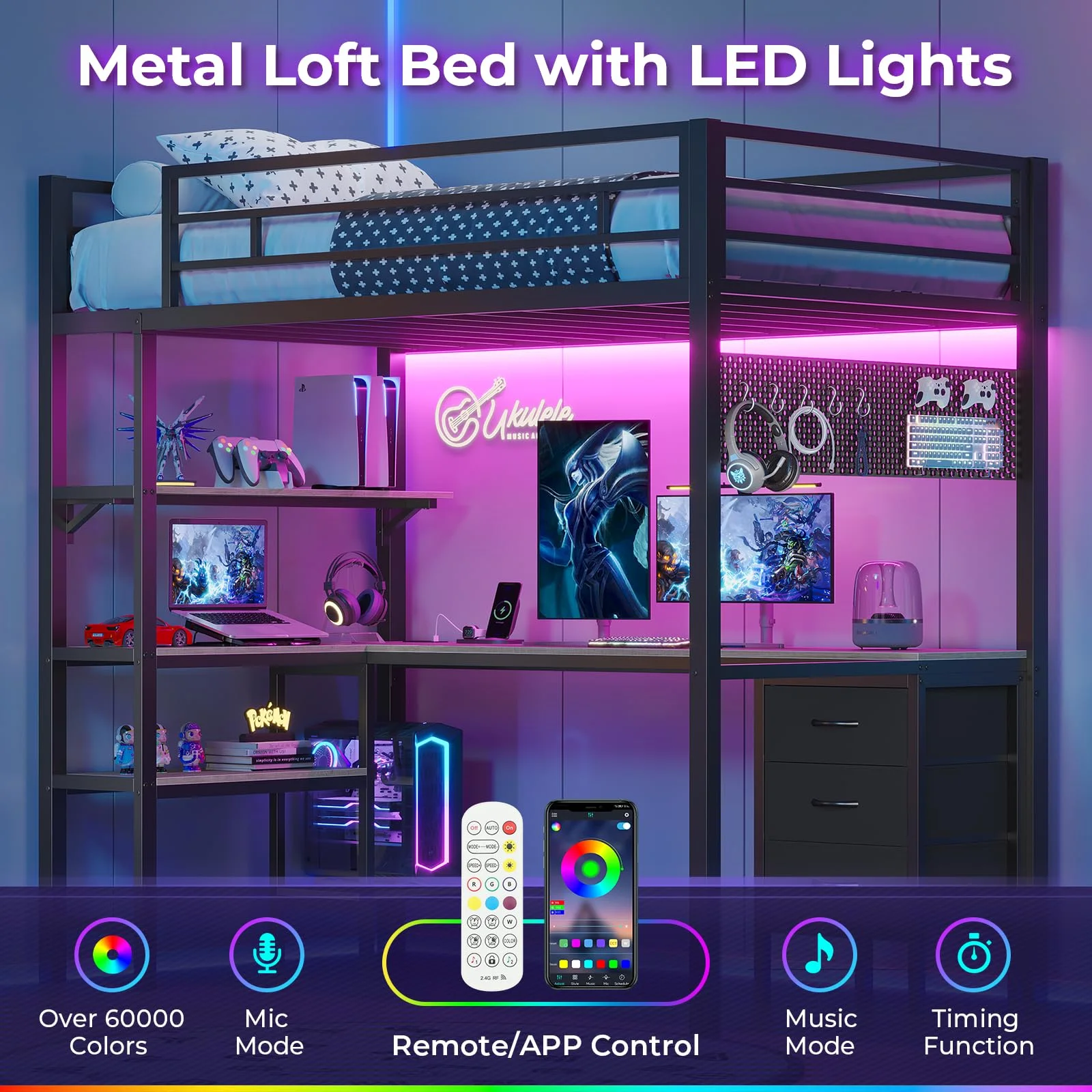 Afuhokles Loft Bed Twin Size with L-Shaped Desk and Charging Station, LED Light Twin Metal Loft Bed with Fabric Drawers and Shelves, Gray