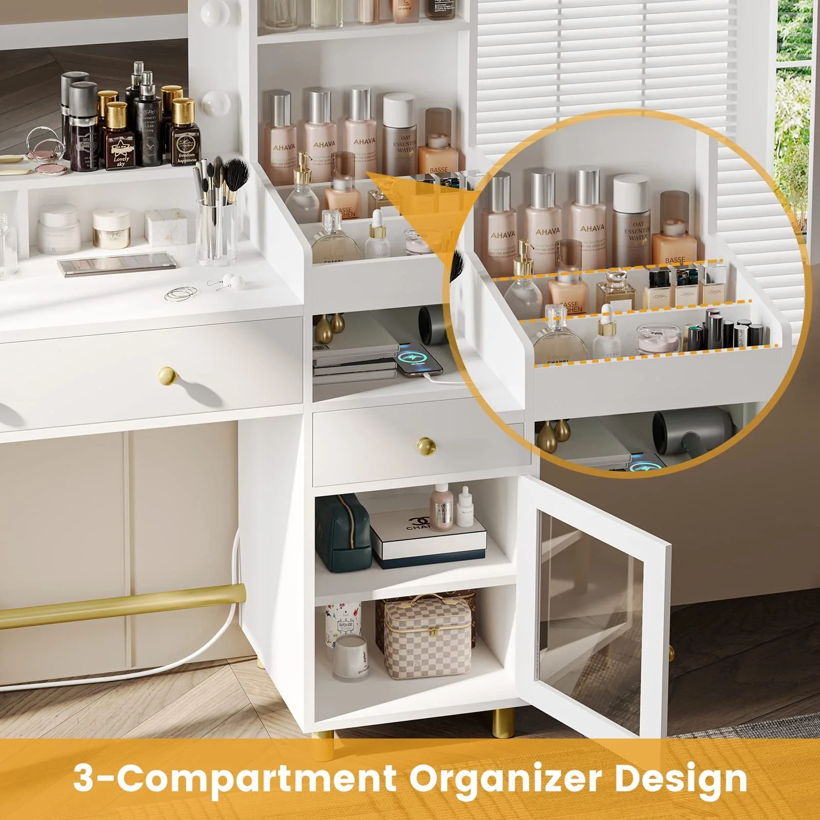 Vanity Desk with Mirror and Lights in 3 Colors,Vanity Makeup Desk with Lights and Drawers,White Vanity Table with Charging Station,Unique Separation Design