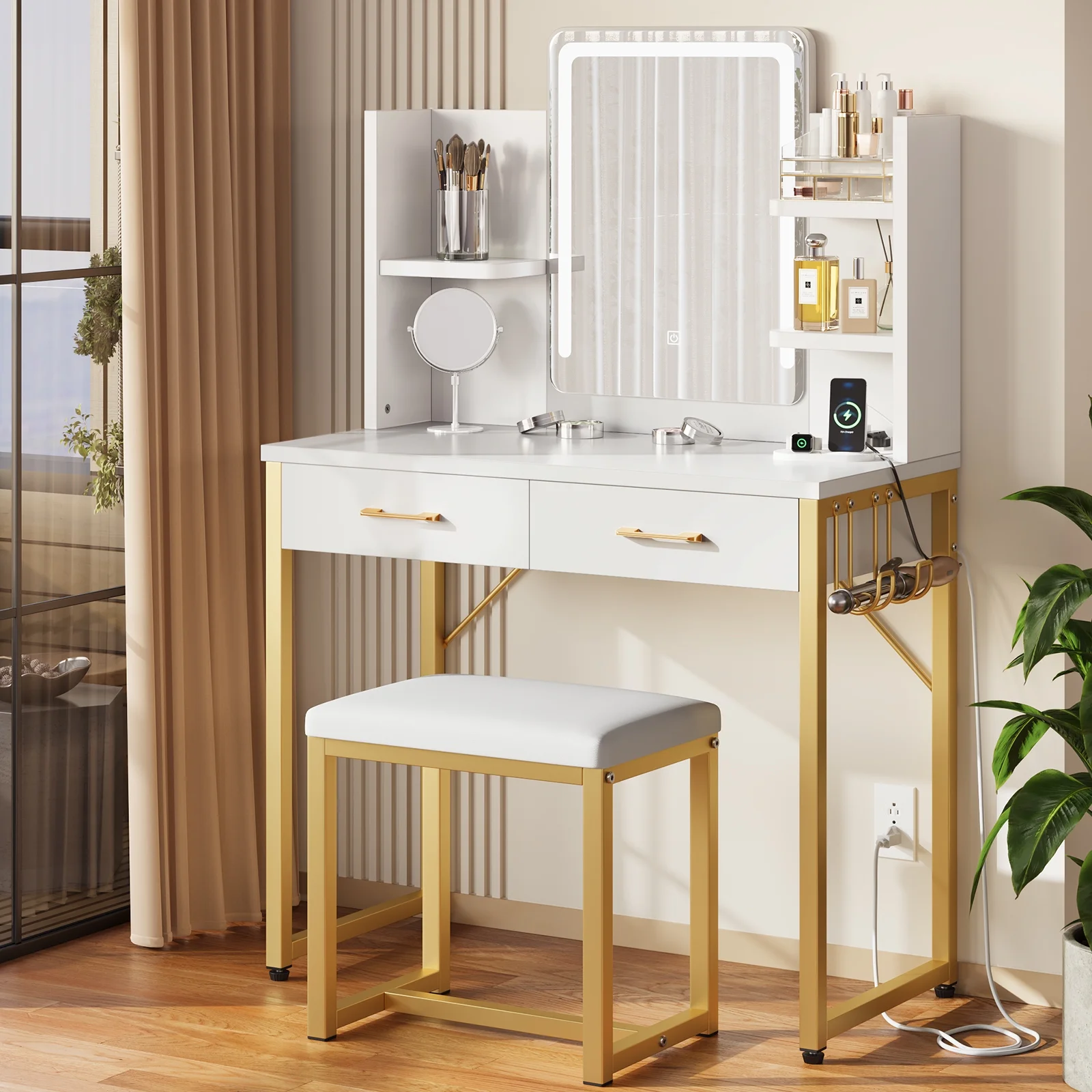 Bestier Makeup Vanity Set with Mirror and Lights, Vanity Desk with Drawers, Power Outlet & Cushioned Stool, Vanity Table for Bedroom,  Black
